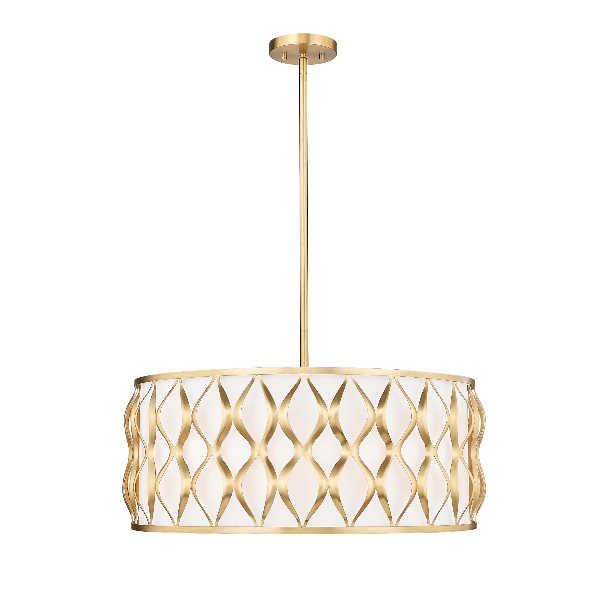 Shown in Modern Gold finish and White glass and White shade