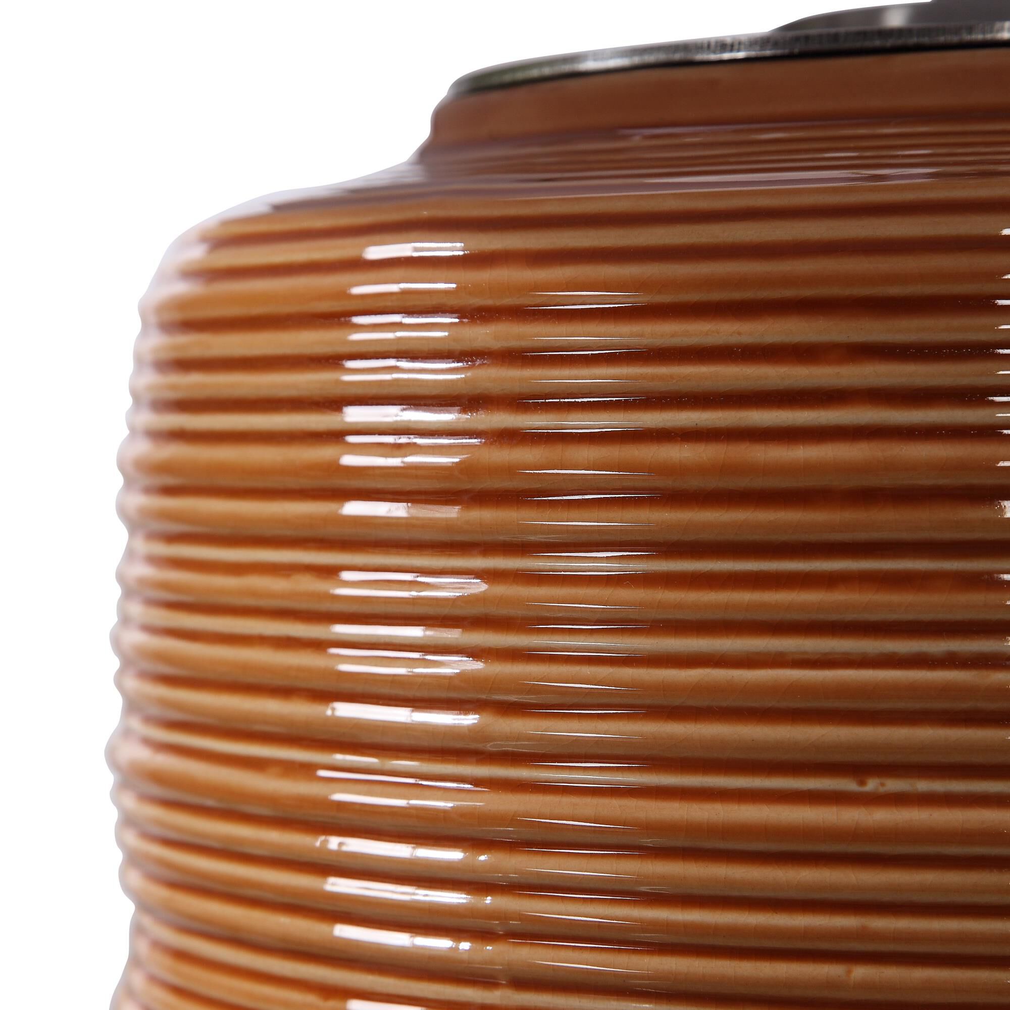 Shown in Add A Touch Of Retro Flair To A Design With This Ceramic Table Lamp. The Ribbed Base Is Finished In  finish and Round Drum Hardback shade