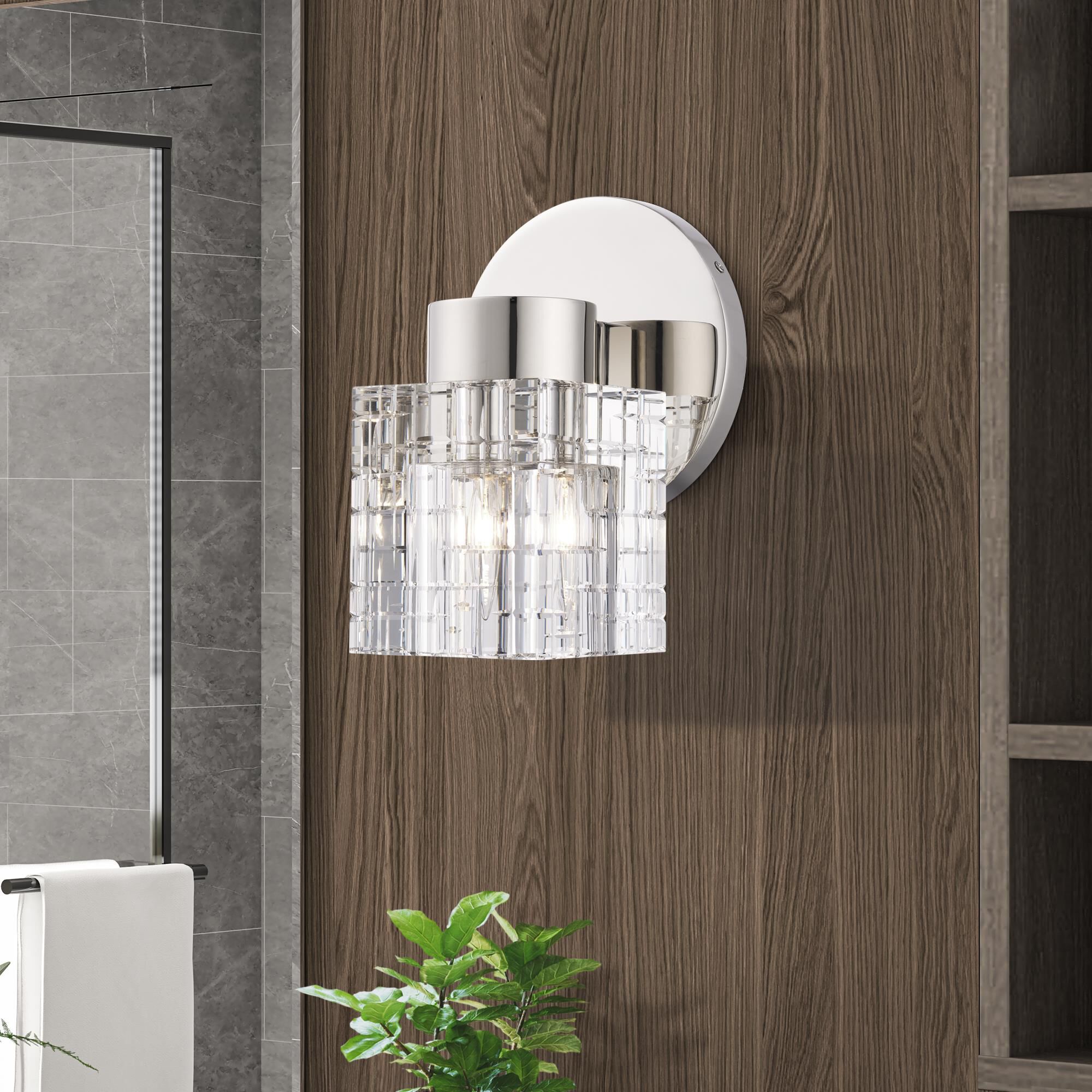 Shown in Polished Nickel finish and Crystal glass