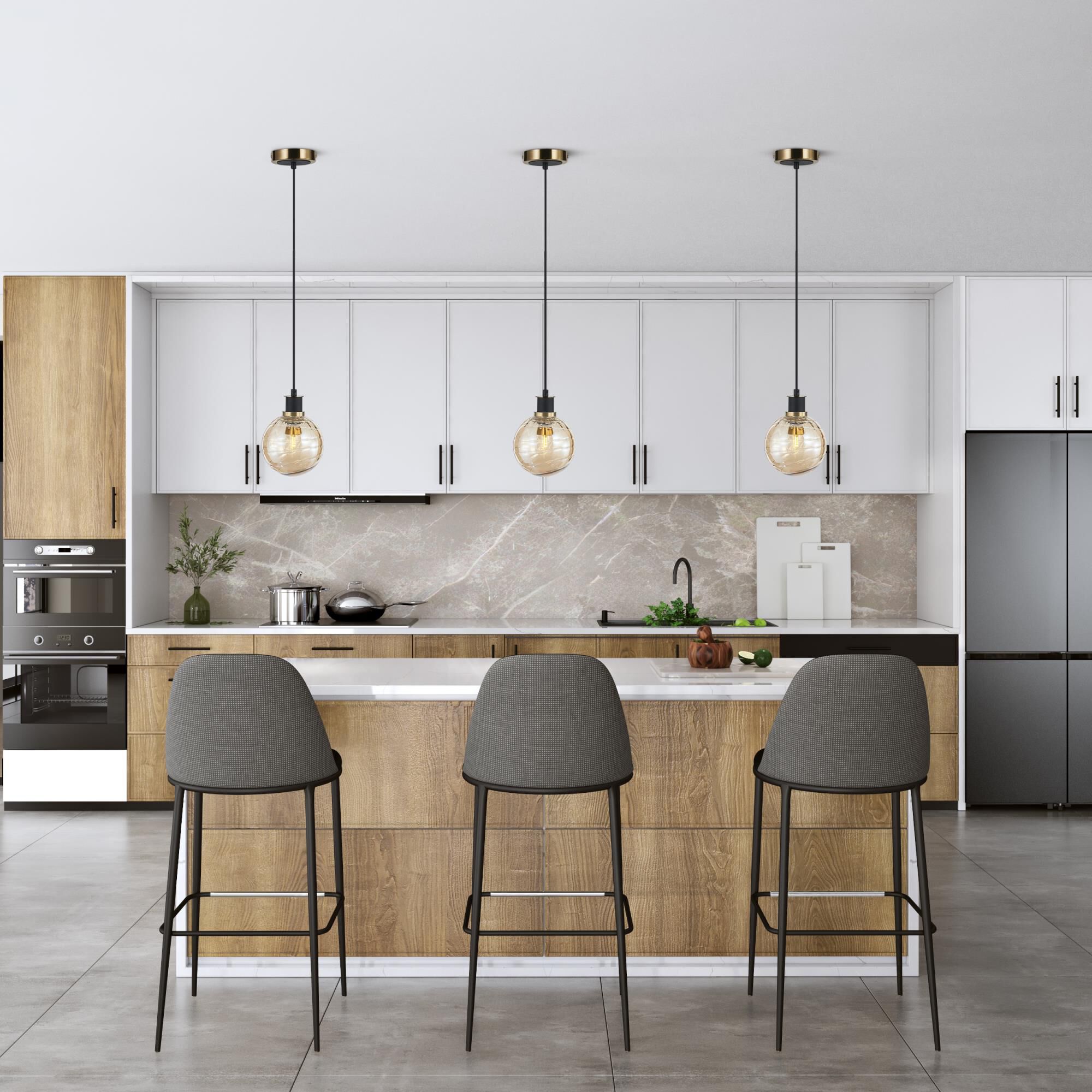 Shown in Black and Brushed Brass finish and Amber glass