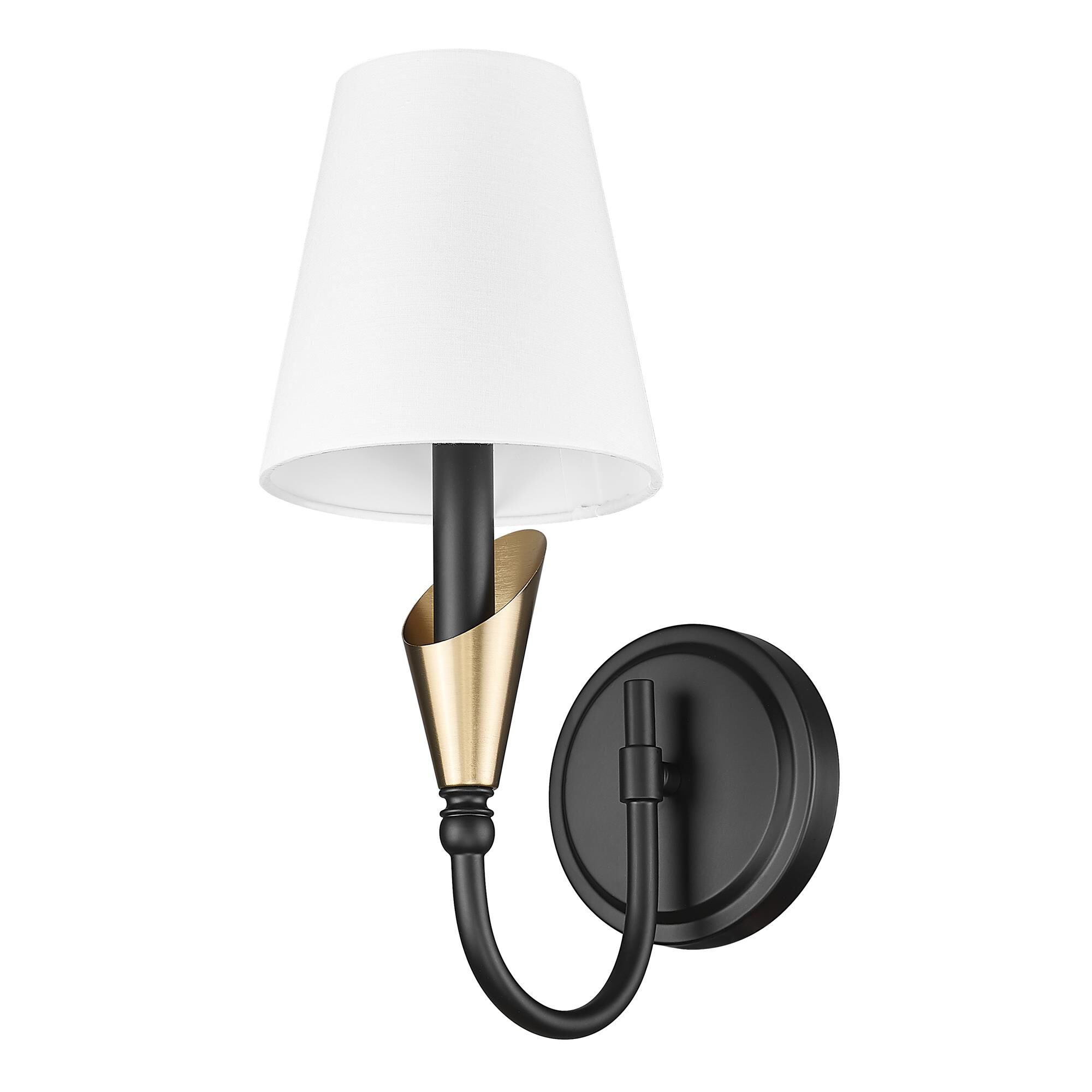 Shown in Matte Black And Modern Gold finish and White glass and White shade