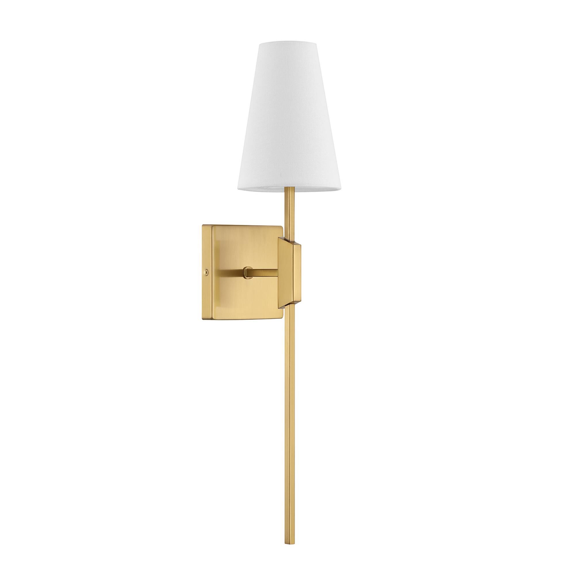 Shown in Natural Brass finish and White Linen Fabric shade