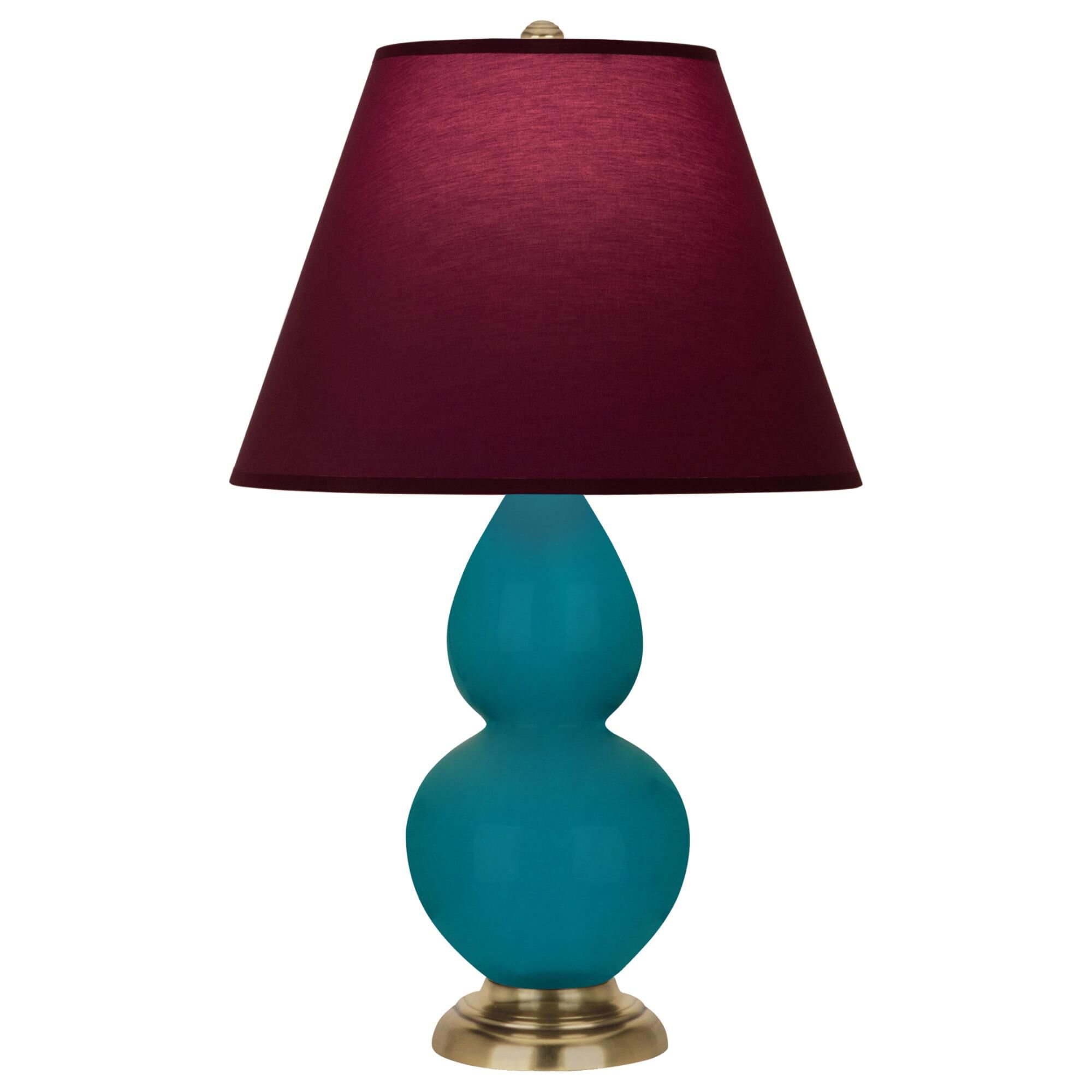 Shown in Peacock finish and Plum and Lavender shade and Antique Natural Brass accent