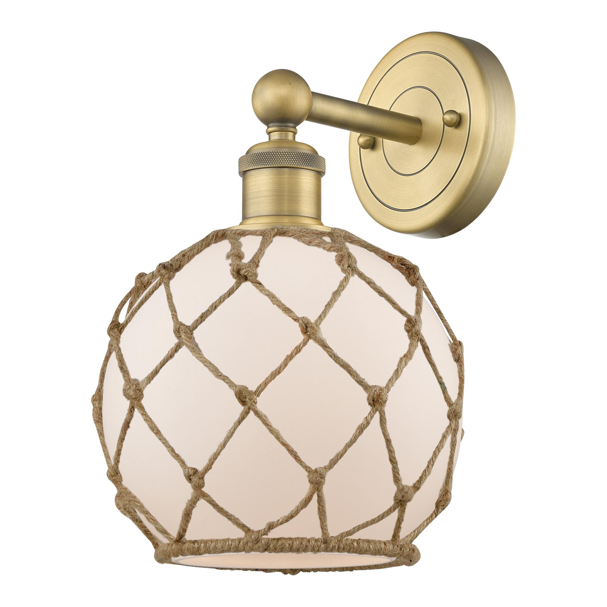 Shown in Brushed Brass finish and White with Brown Rope glass