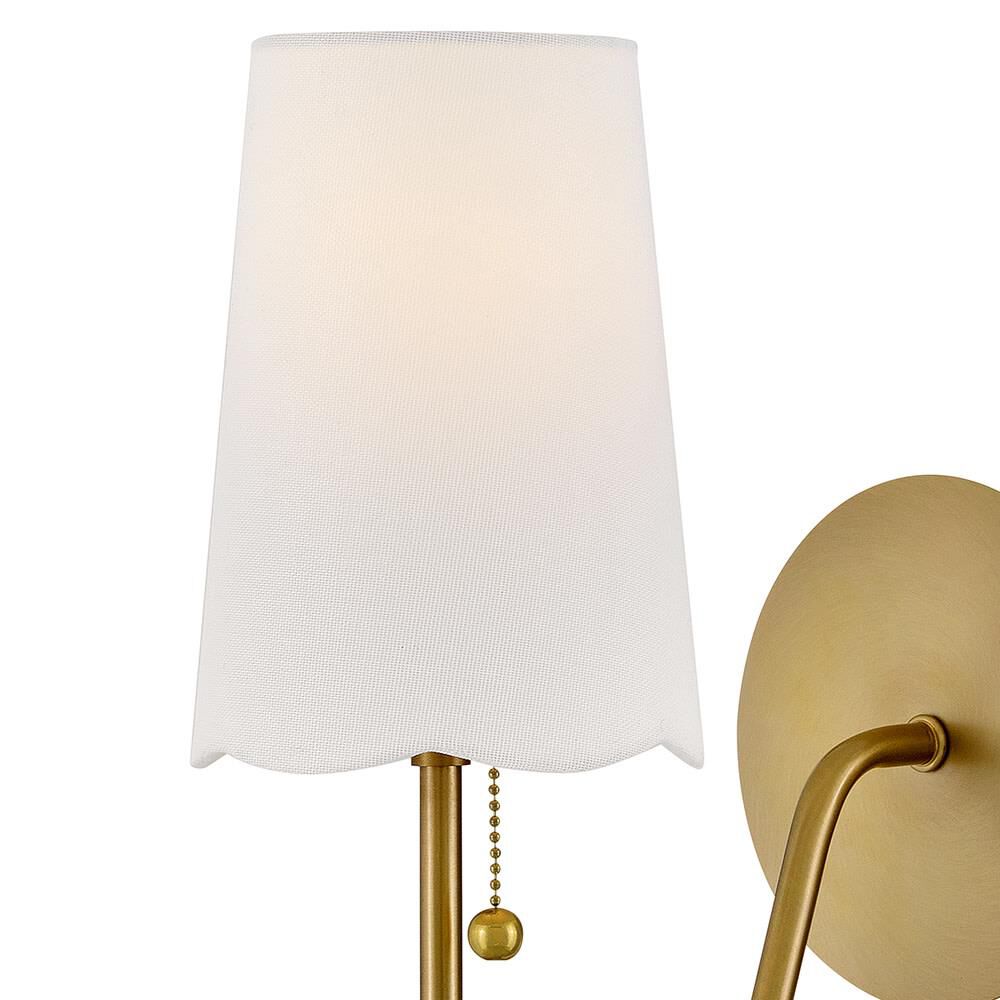 Shown in Lacquered Brass finish and Off-White Linen shade
