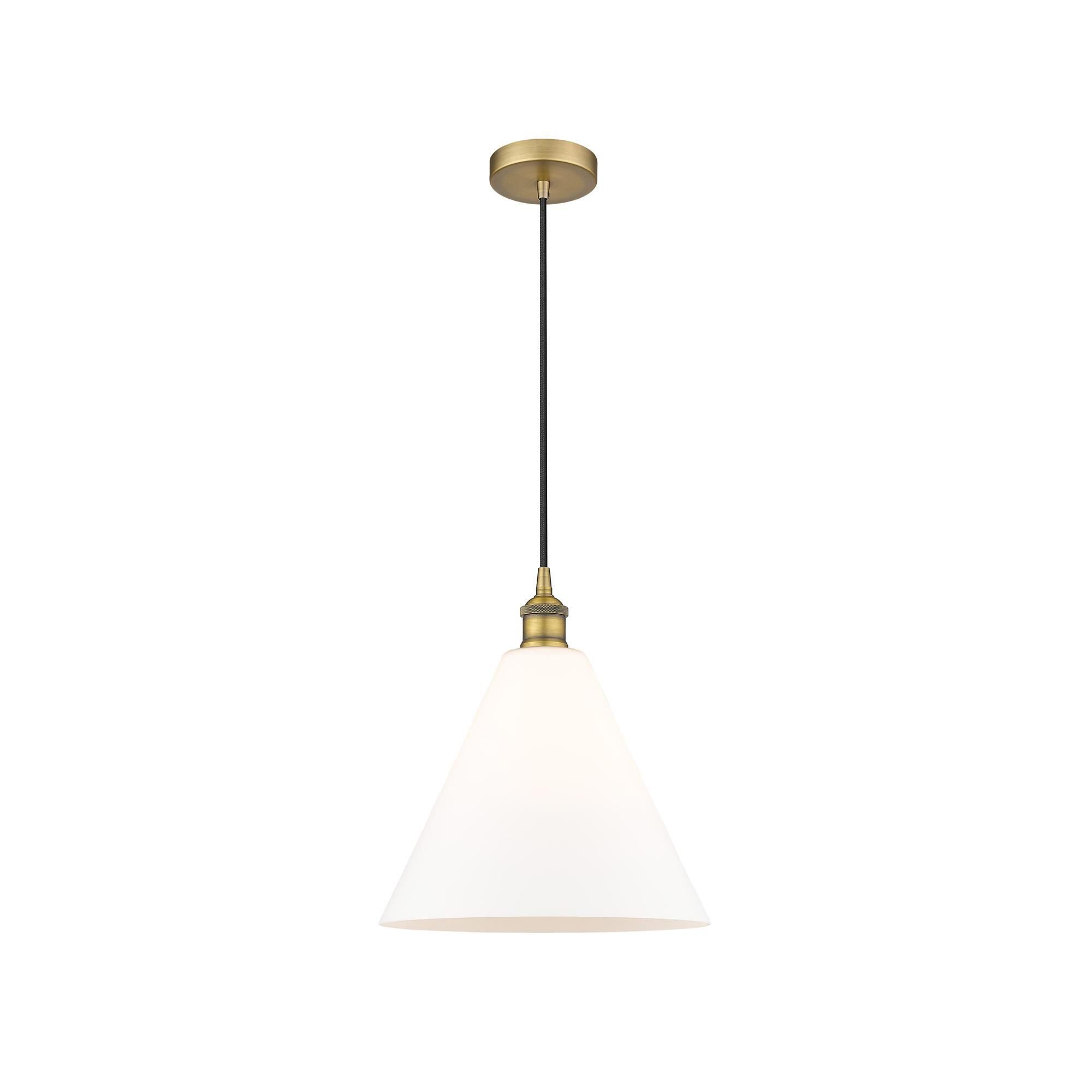 Shown in Brushed Brass finish and Matte White glass