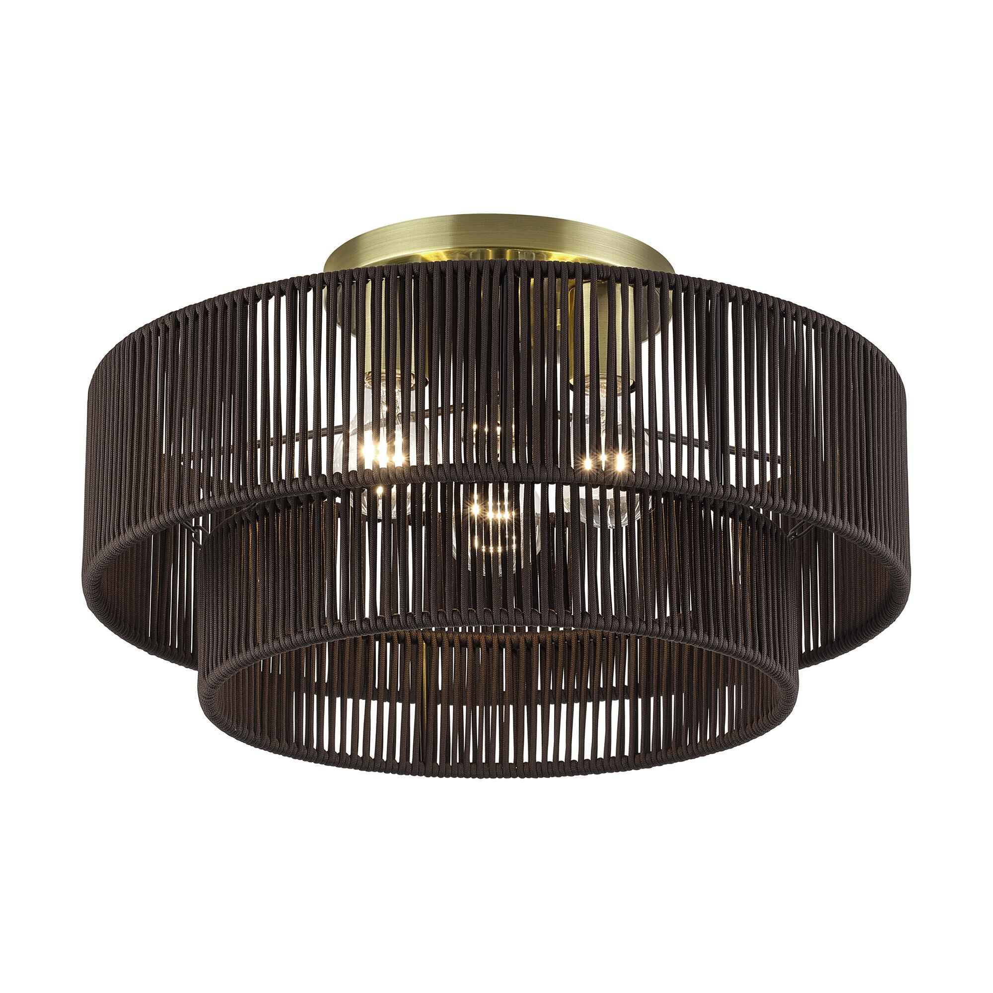 Shown in Antique Brass finish and Hand-Woven Dark Chocolate Color Polyester Rope shade