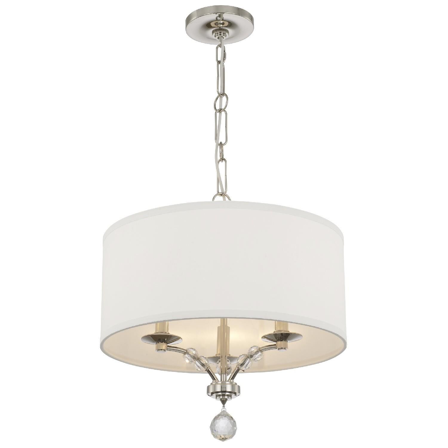 Shown in Polished Nickel finish and Clear Glass Drops crystal and Silk glass and White shade