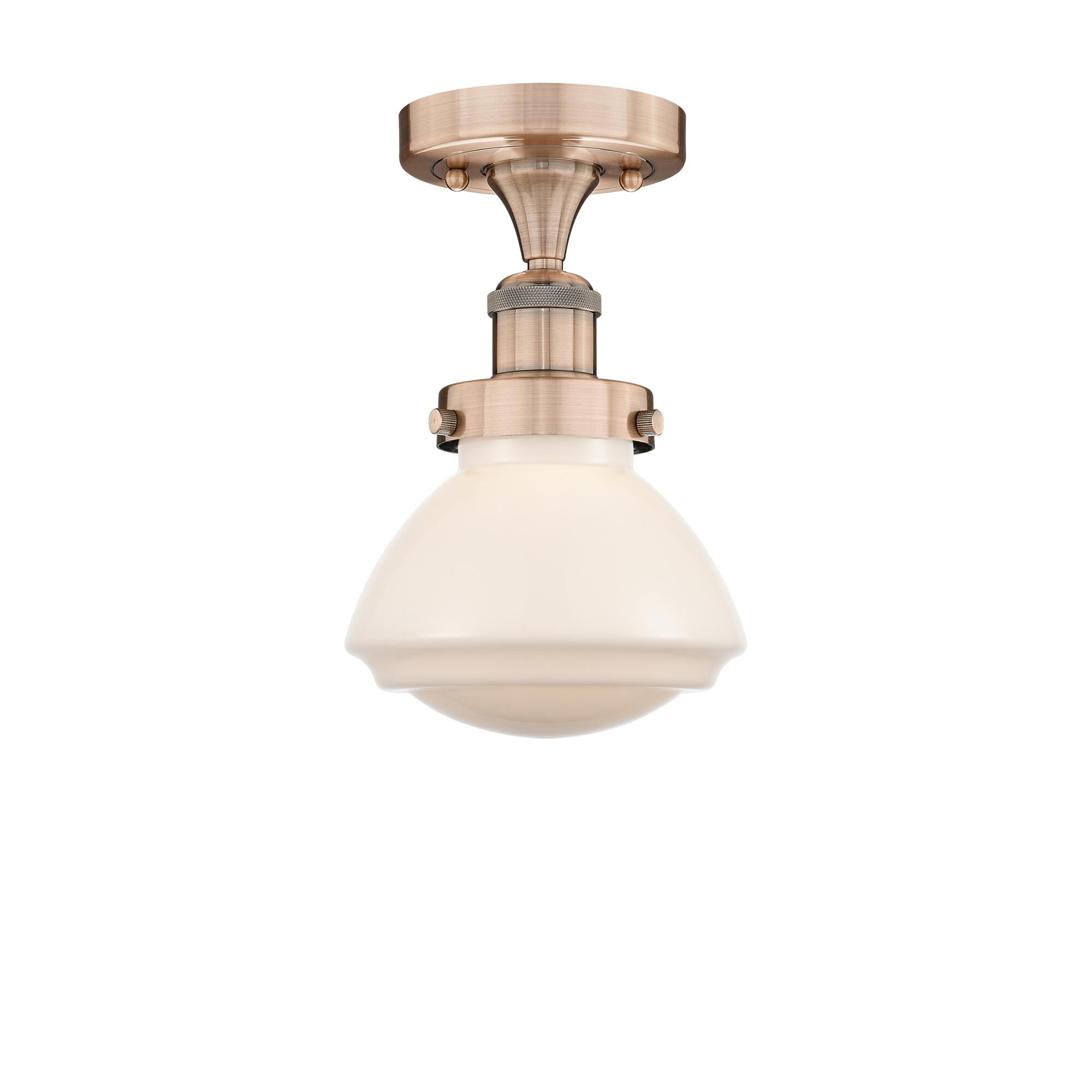 Shown in Antique Copper finish and Matte White glass