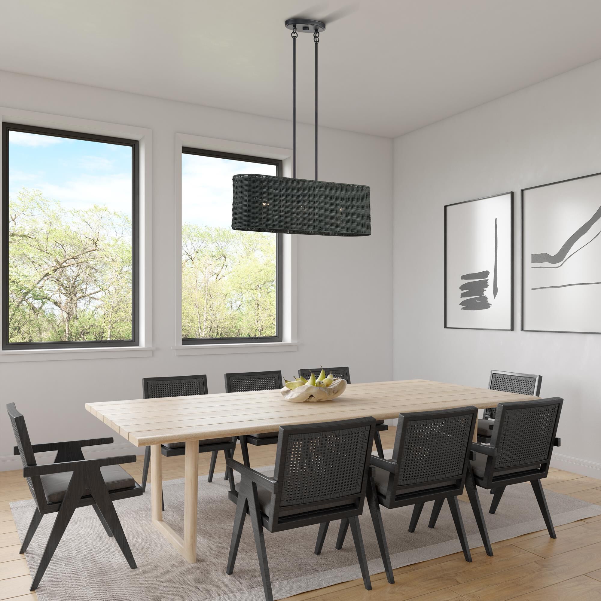 Shown in Black finish and Hand-Woven Charred Gray Color Rattan shade