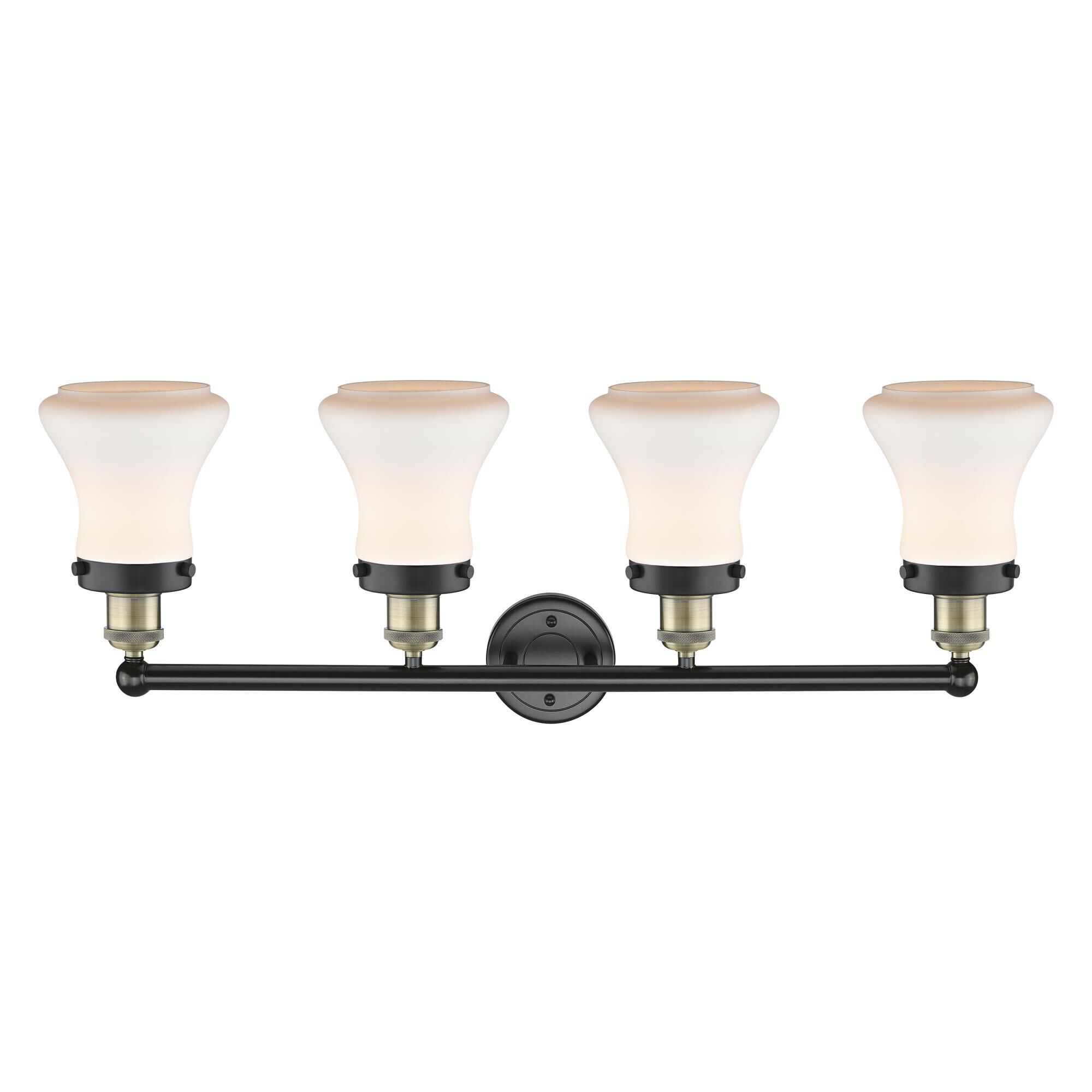 Shown in Black Antique Brass finish and Matte White glass