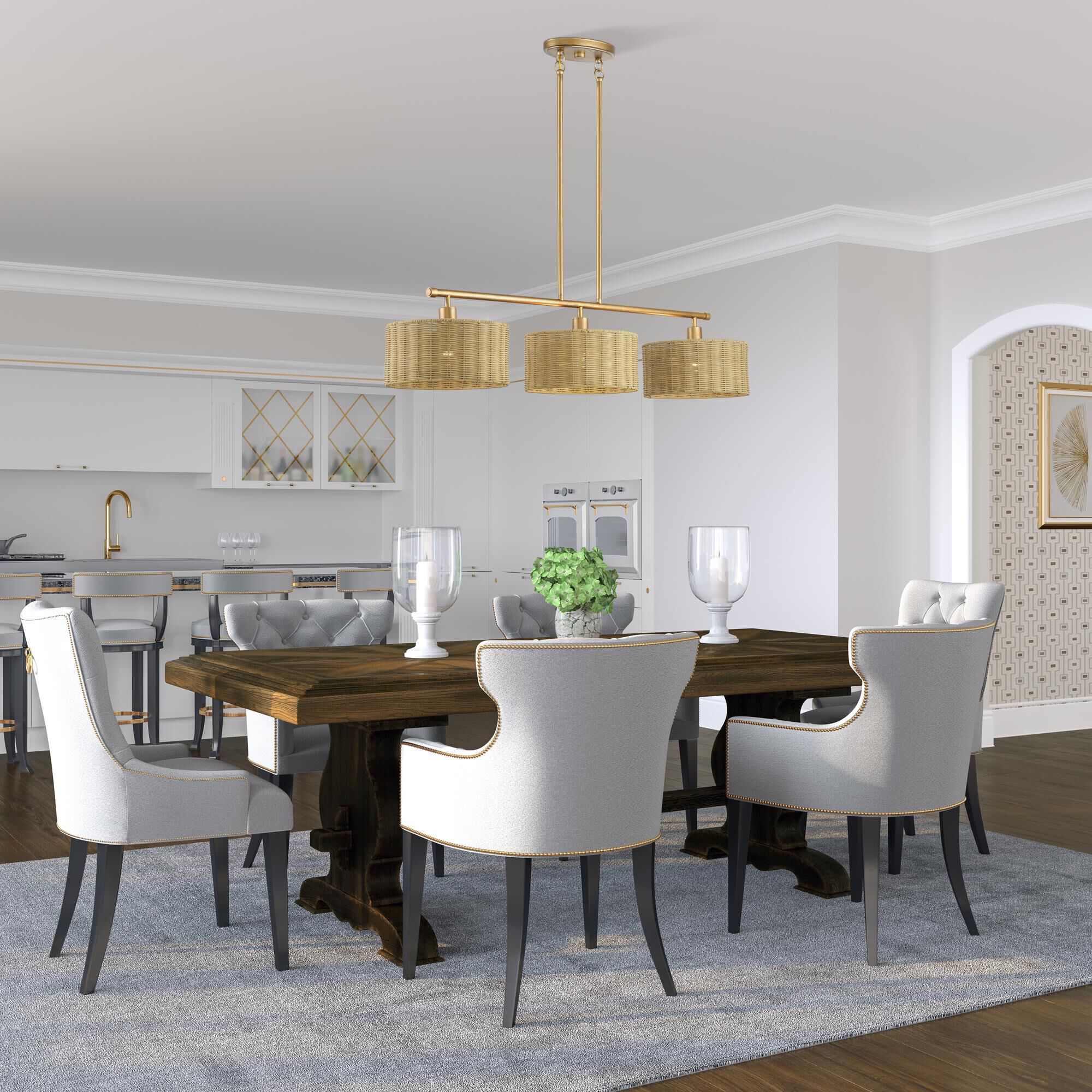 Shown in Antique Gold Leaf finish and Hand-Woven Rustic Walnut Color Rattan shade