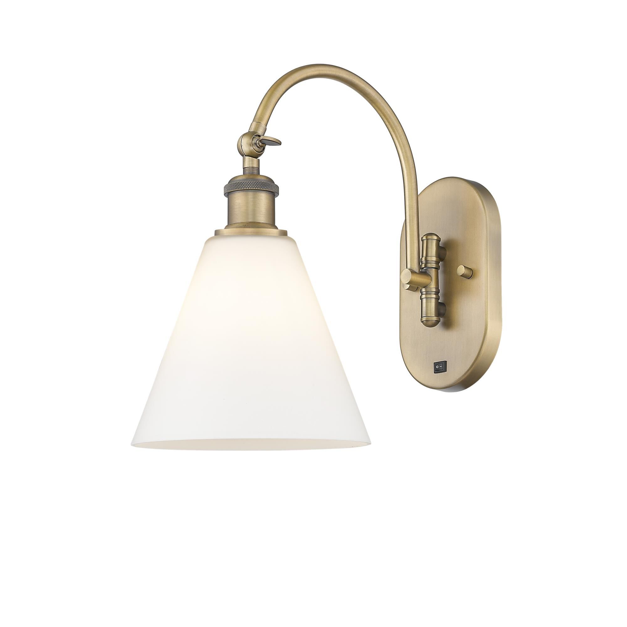 Shown in Brushed Brass finish and Matte White glass