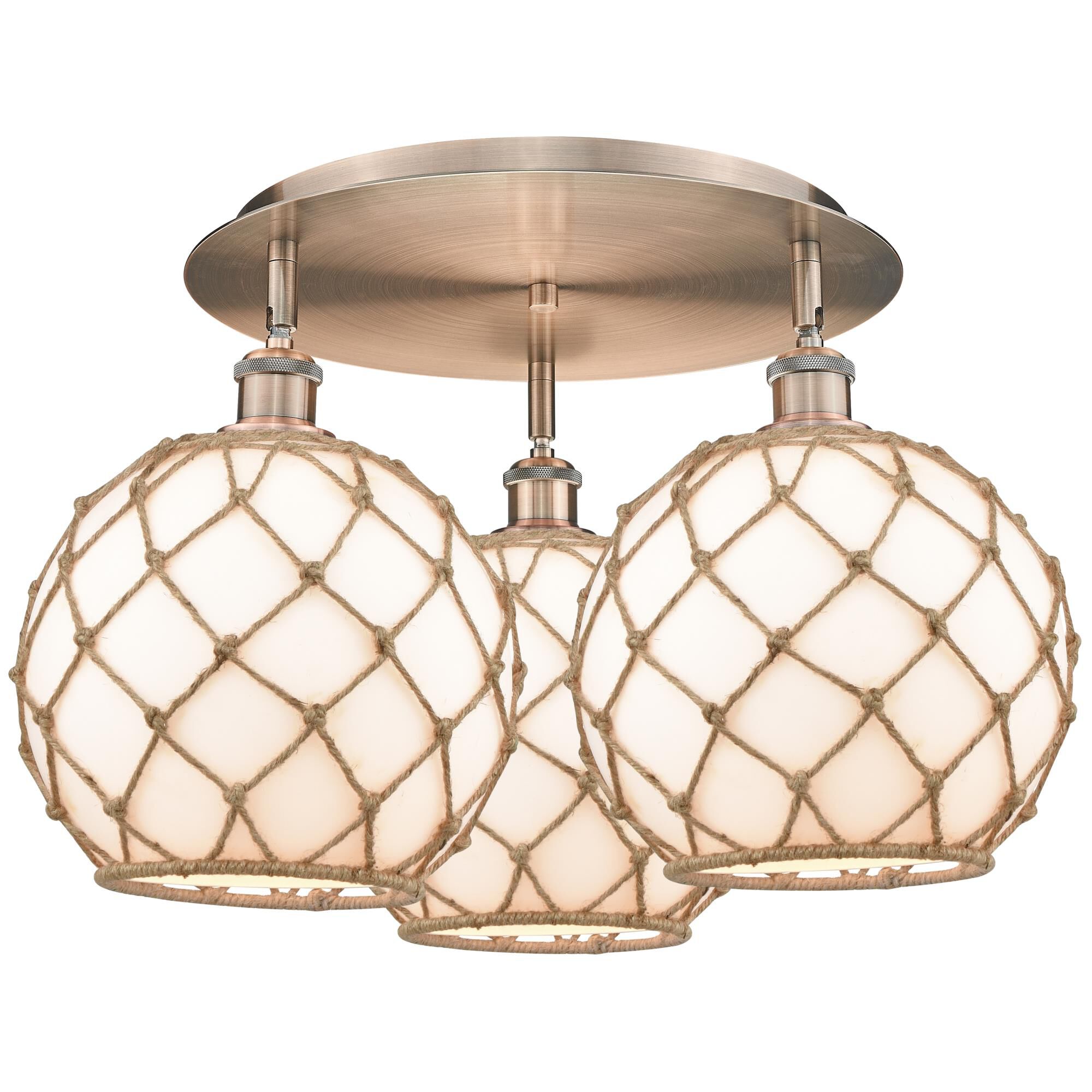 Shown in Antique Copper finish and White with Brown Rope glass