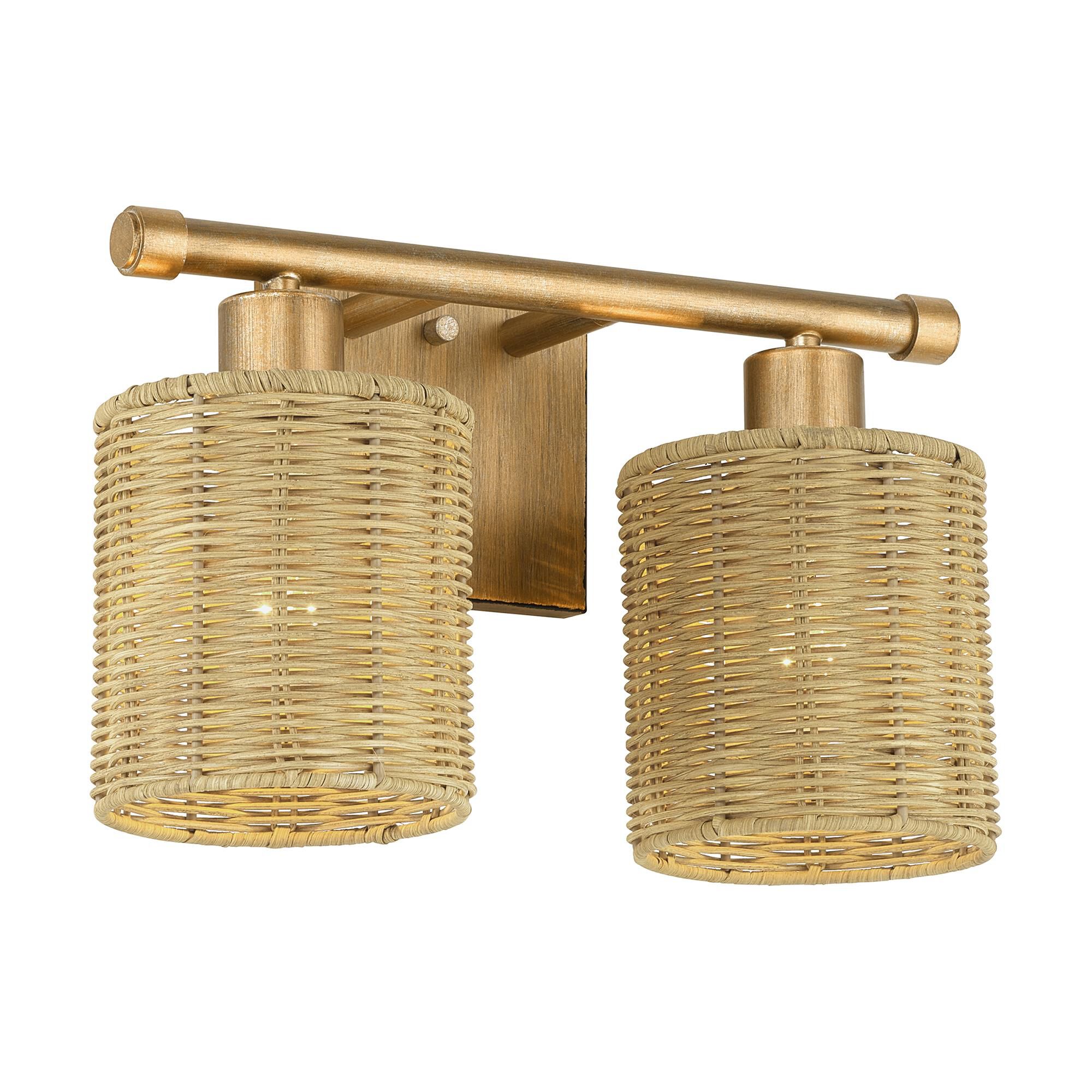 Shown in Antique Gold Leaf finish and Hand-Woven Rustic Walnut Color Rattan shade