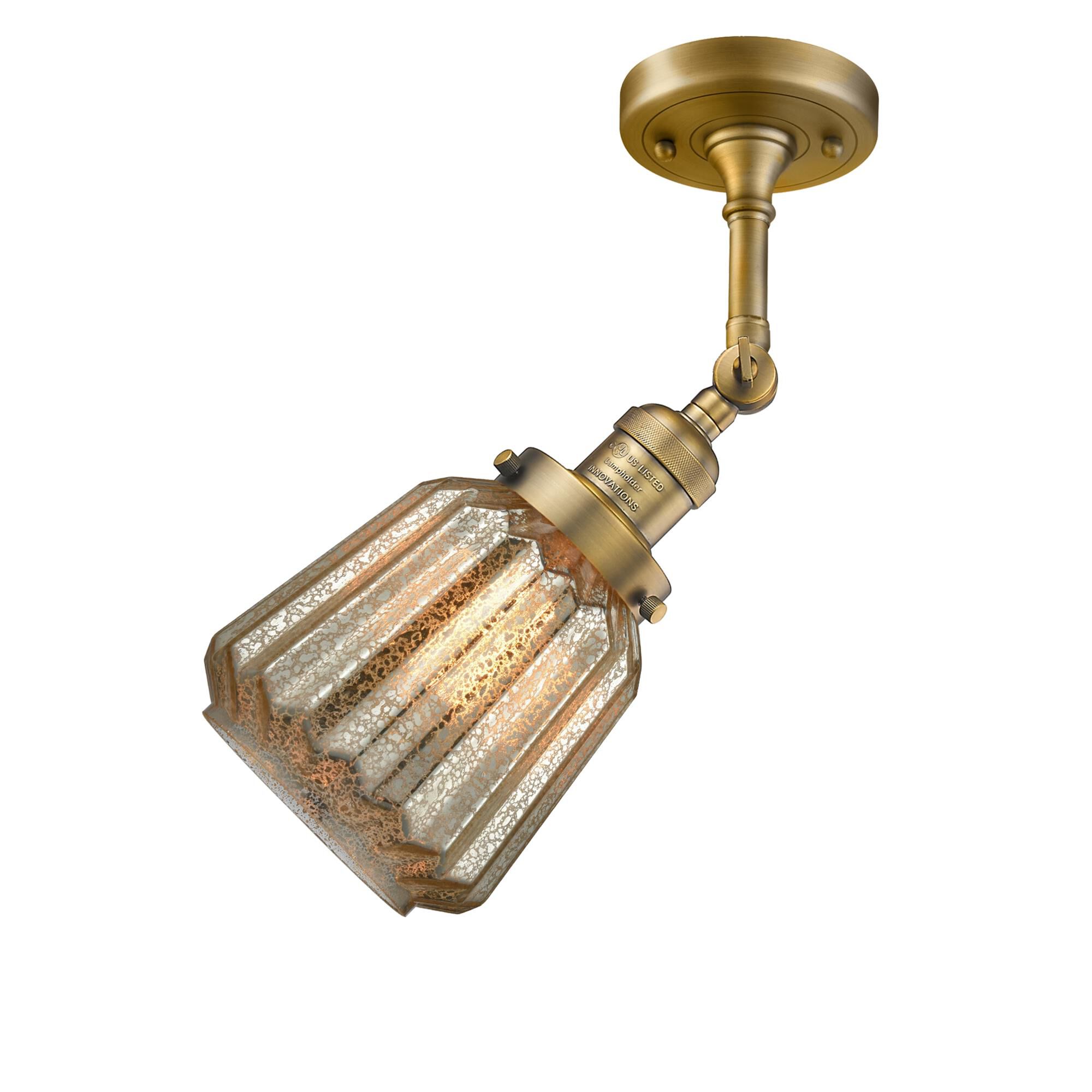 Shown in Brushed Brass finish and Mercury Fluted glass and None accent