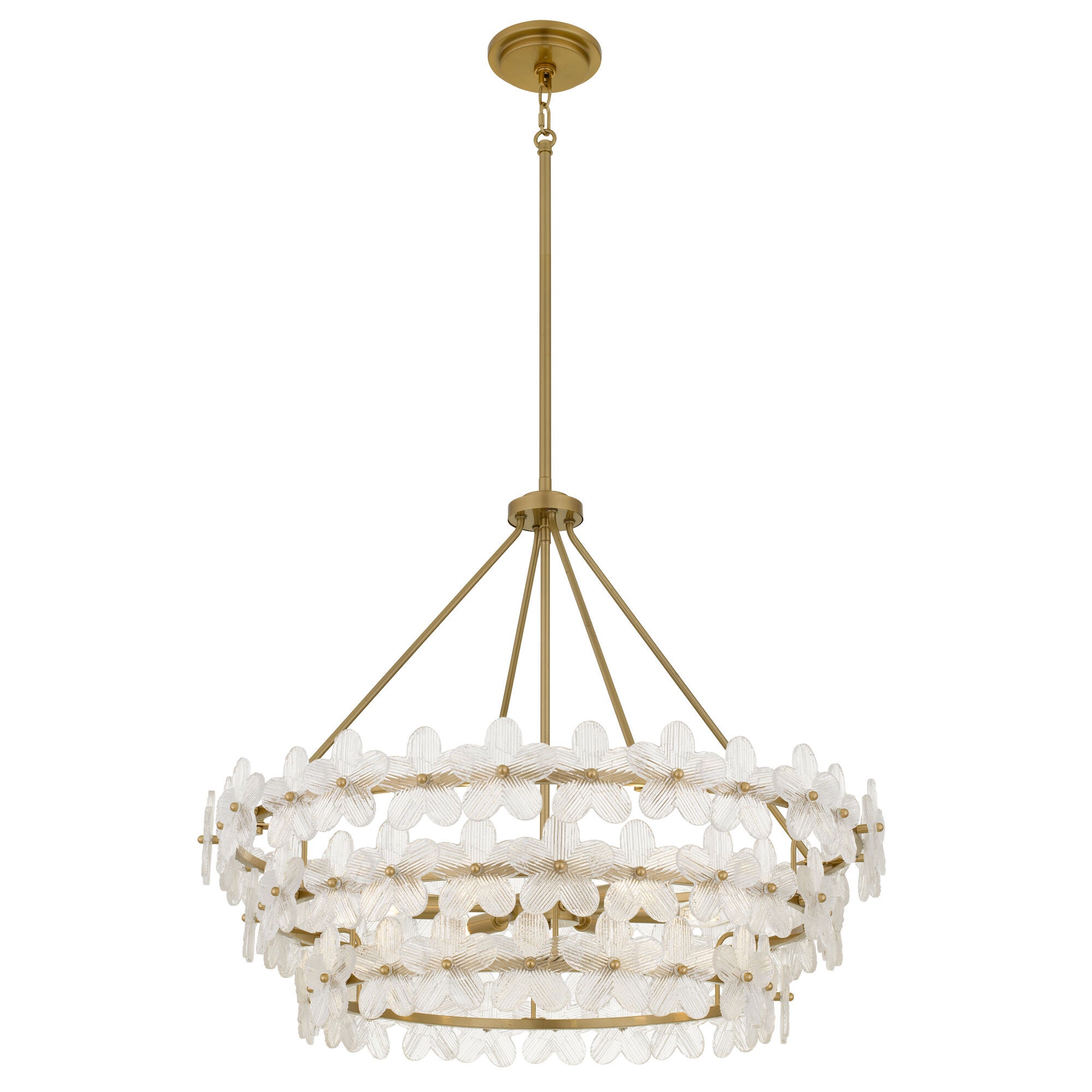 Shown in Brushed Gold finish and Clear Textured Glass shade