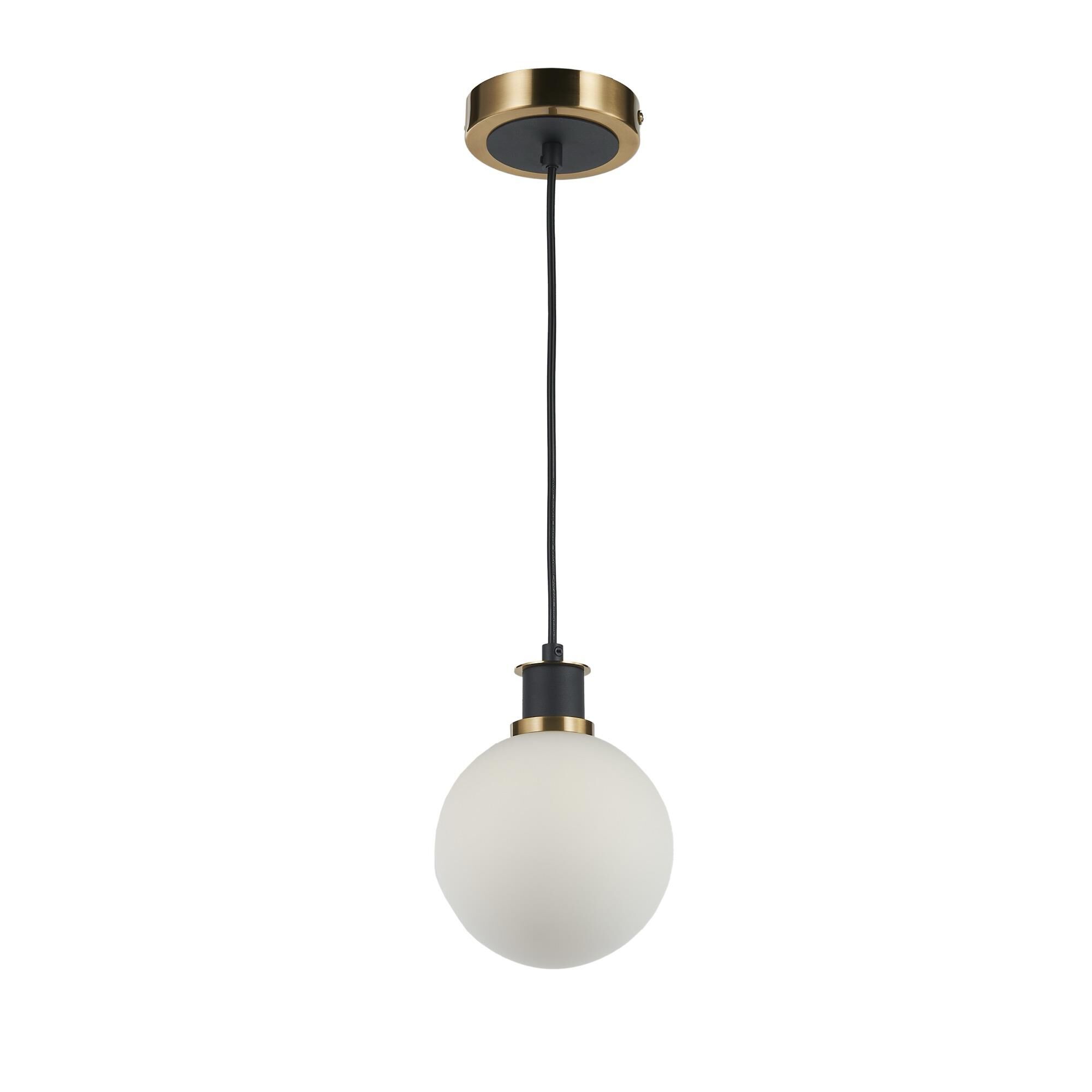 Shown in Black and Brushed Brass finish and White glass