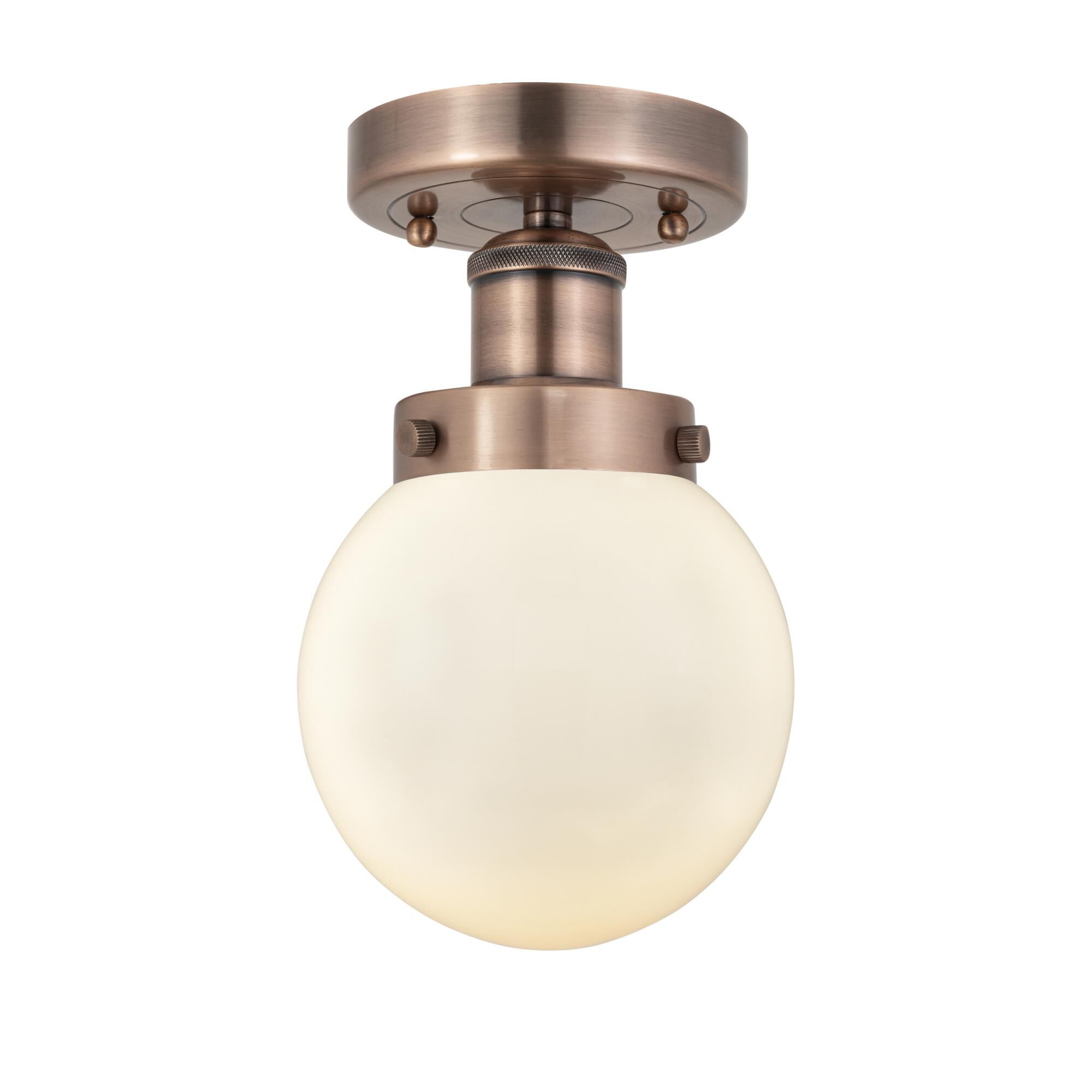 Shown in Antique Copper finish and Matte White glass