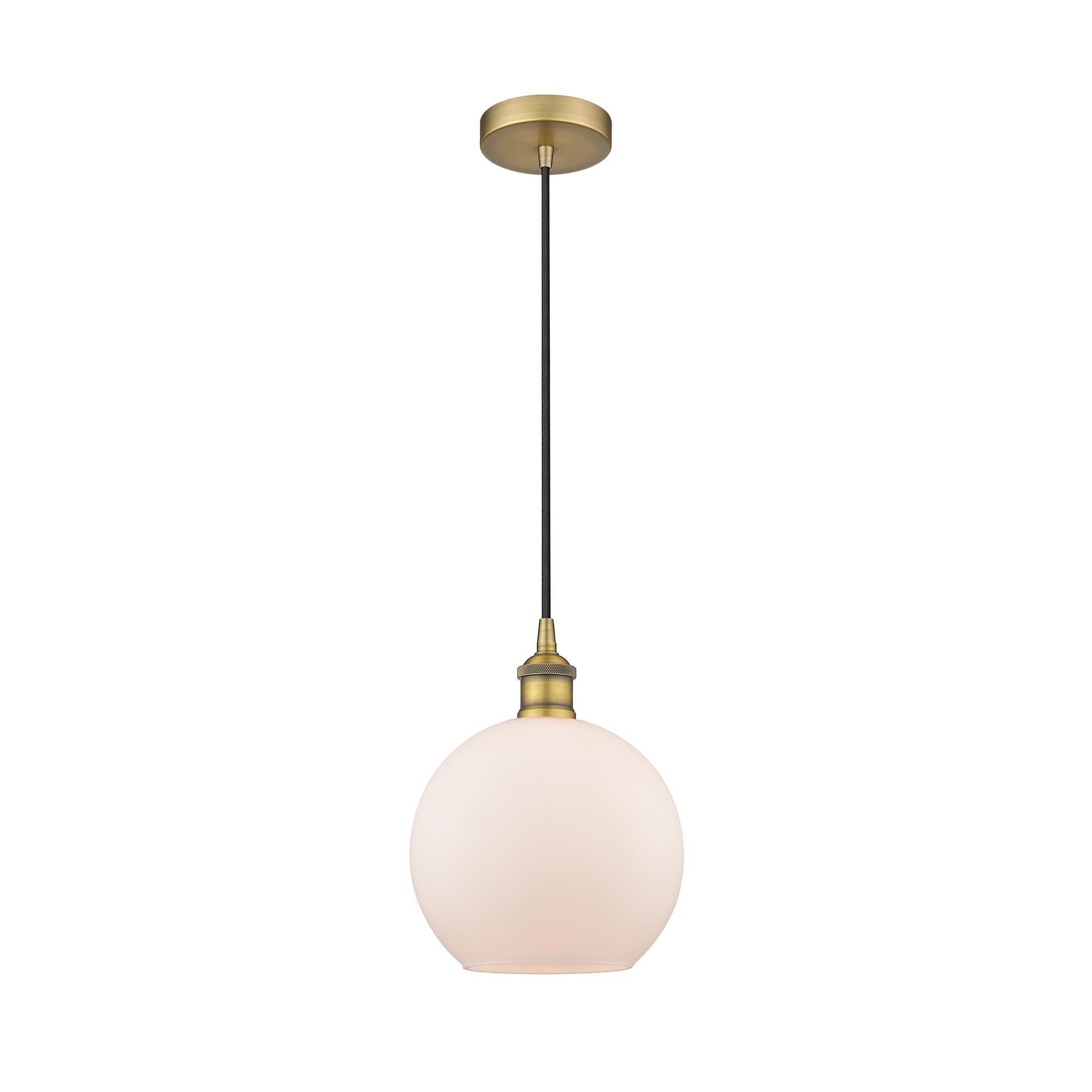 Shown in Brushed Brass finish and Cased Matte White glass