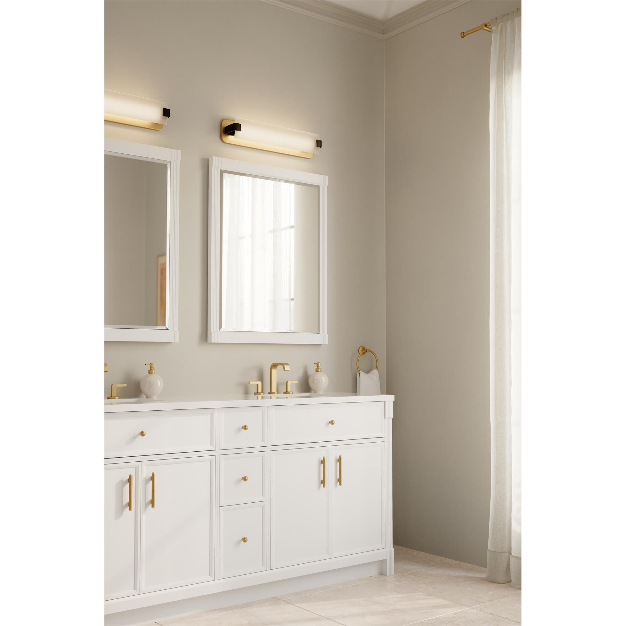 Shown in Legacy Brass and Dark Matte Black finish and Etched White glass