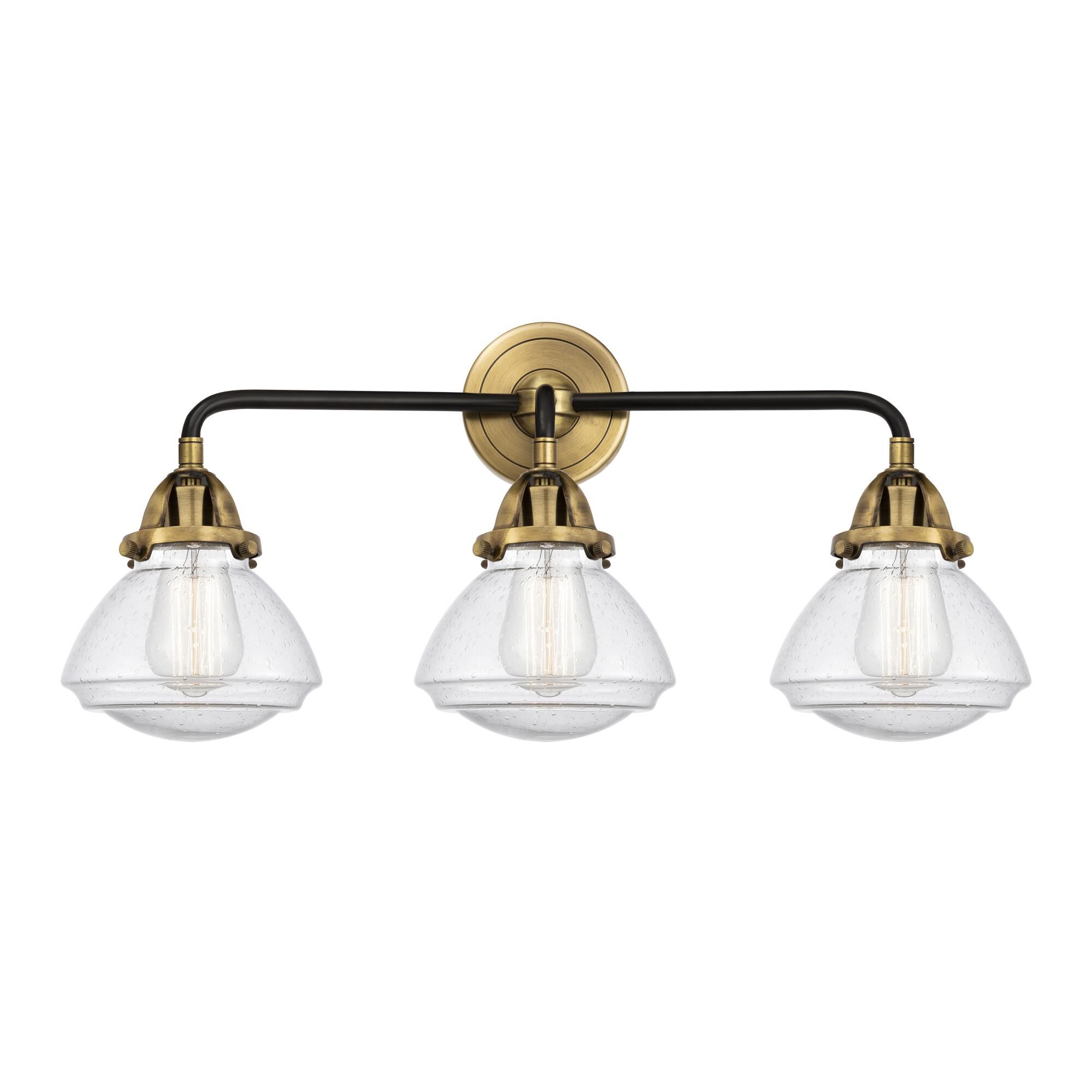 Shown in Black Antique Brass finish and Seedy Olean glass and No Shade shade