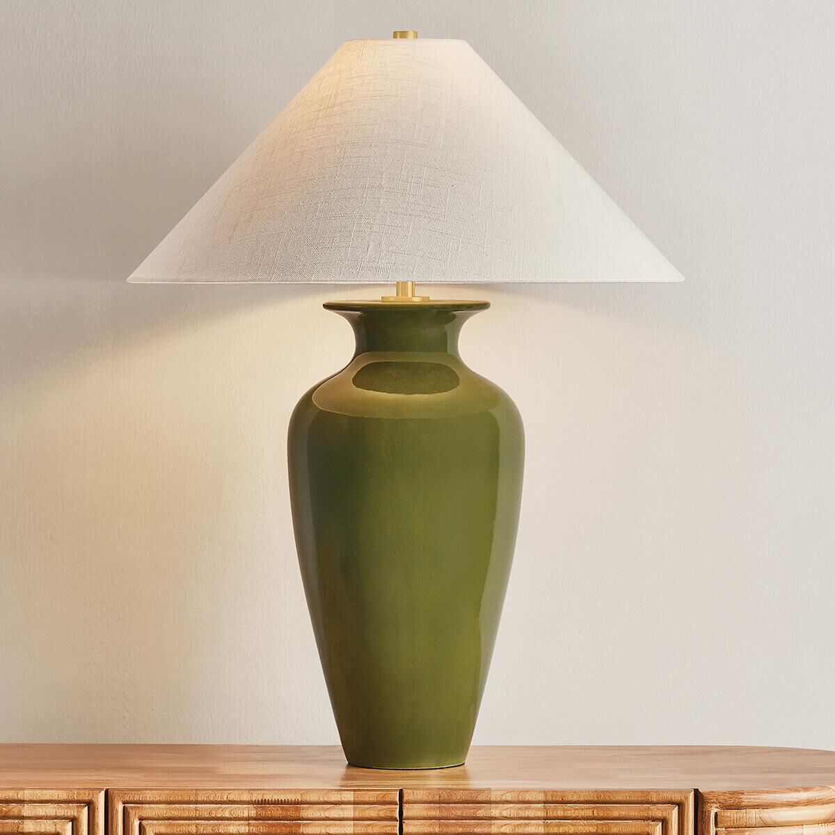 Shown in Aged Brass and Ceramic Nori Green finish and Textured Linen shade