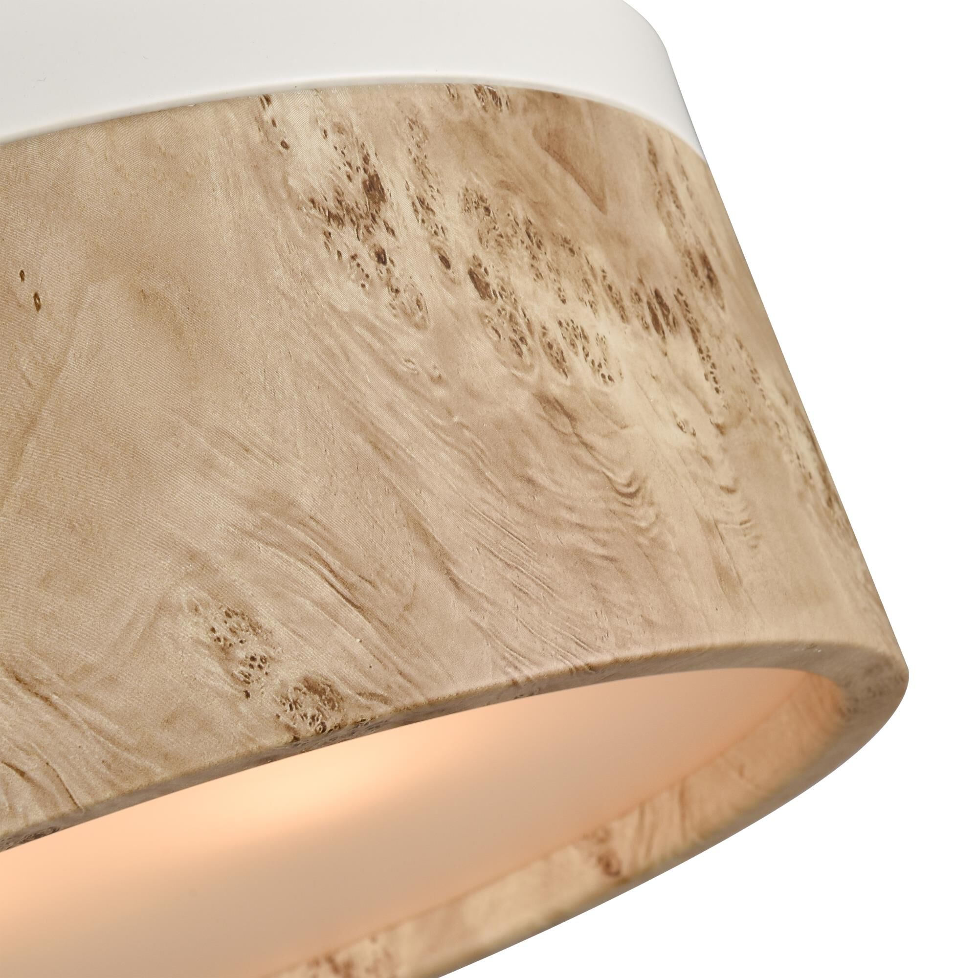 Shown in Matte White finish and Printed Bleached Burlwood Metal Shade glass and Printed Bleached Burlwood Metal shade