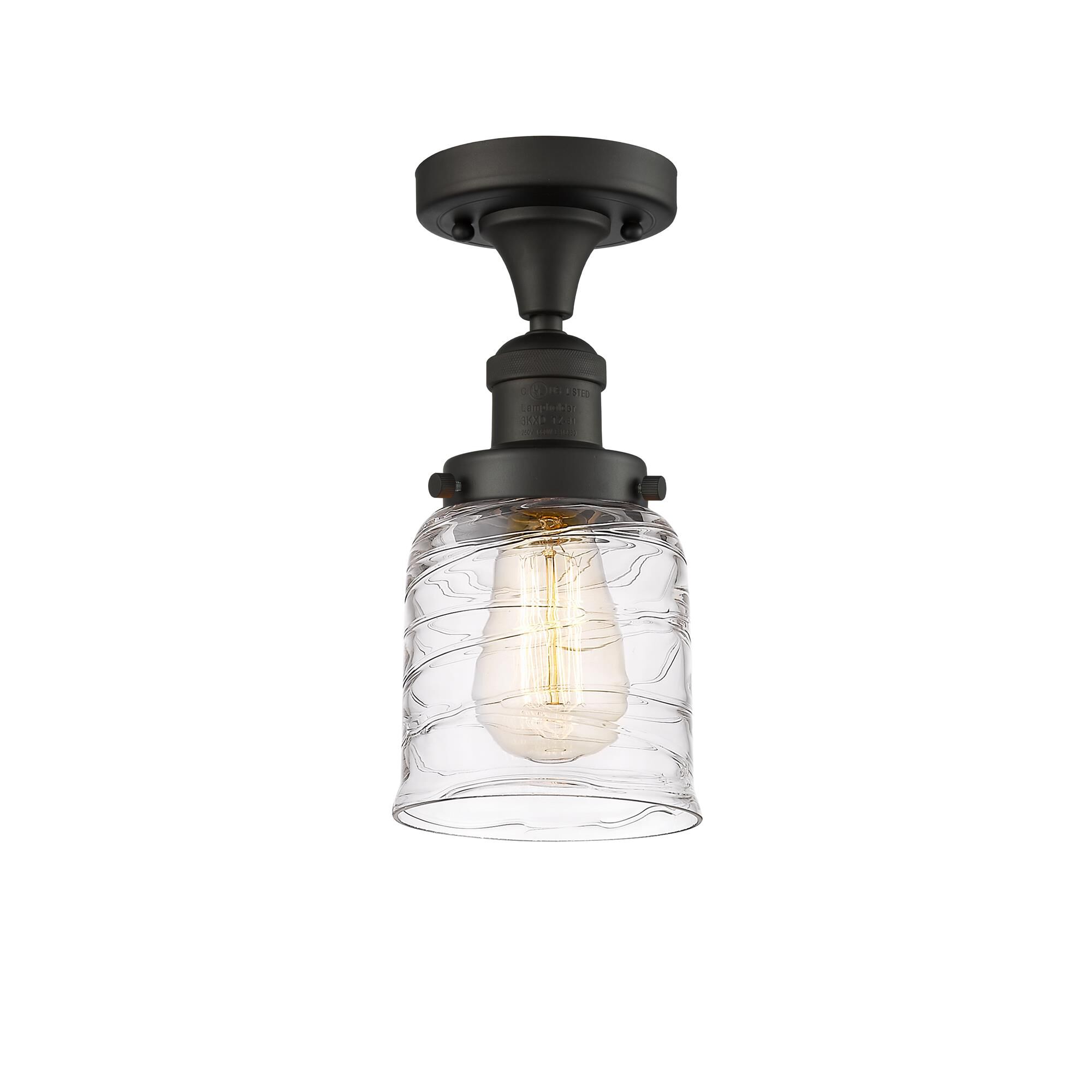Shown in Oil Rubbed Bronze finish and Clear Deco Swirl Small Bell glass