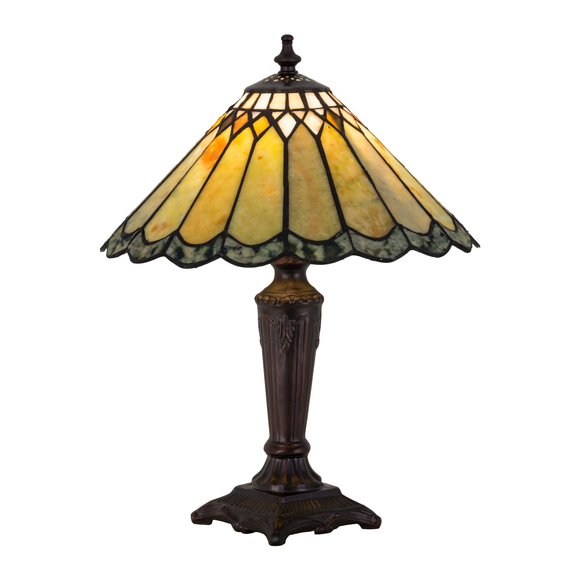 Shown in Mahogany Bronze finish and Moss Green-Tan-Ivory-Coral glass