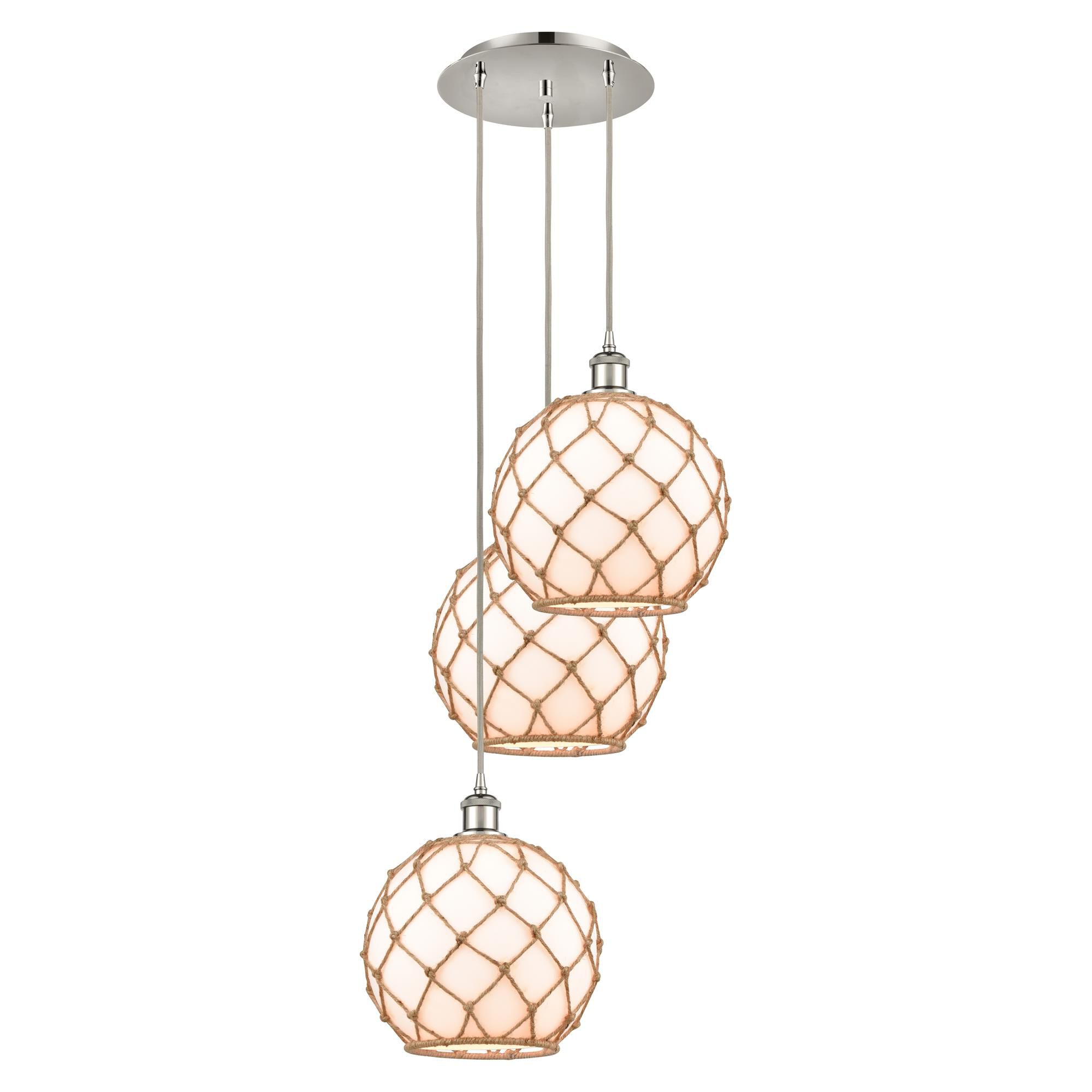 Shown in Polished Nickel finish and White with Brown Rope glass