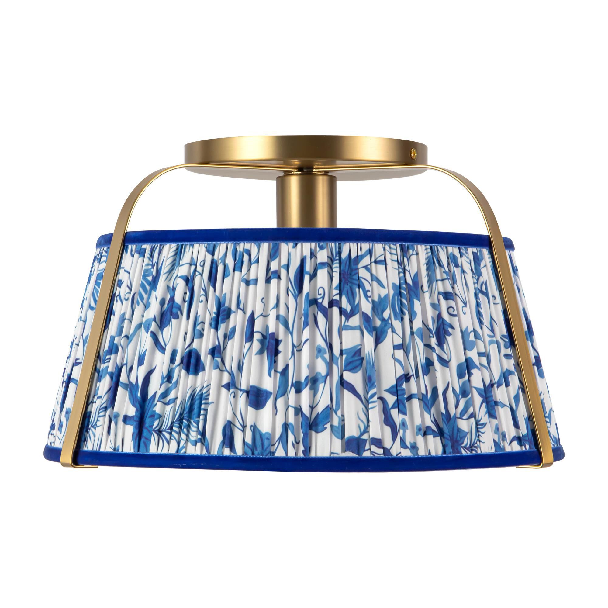 Shown in Brushed Gold finish and Frosted Polycarbonate Diffuser glass and Blue Linen shade