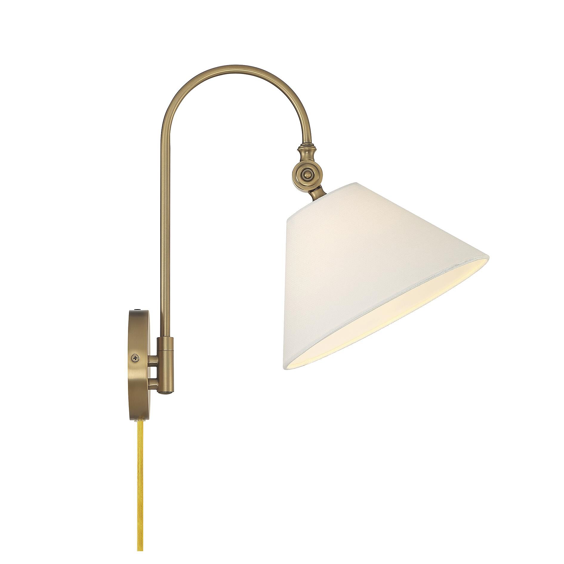 Shown in Natural Brass finish and White Fabric shade