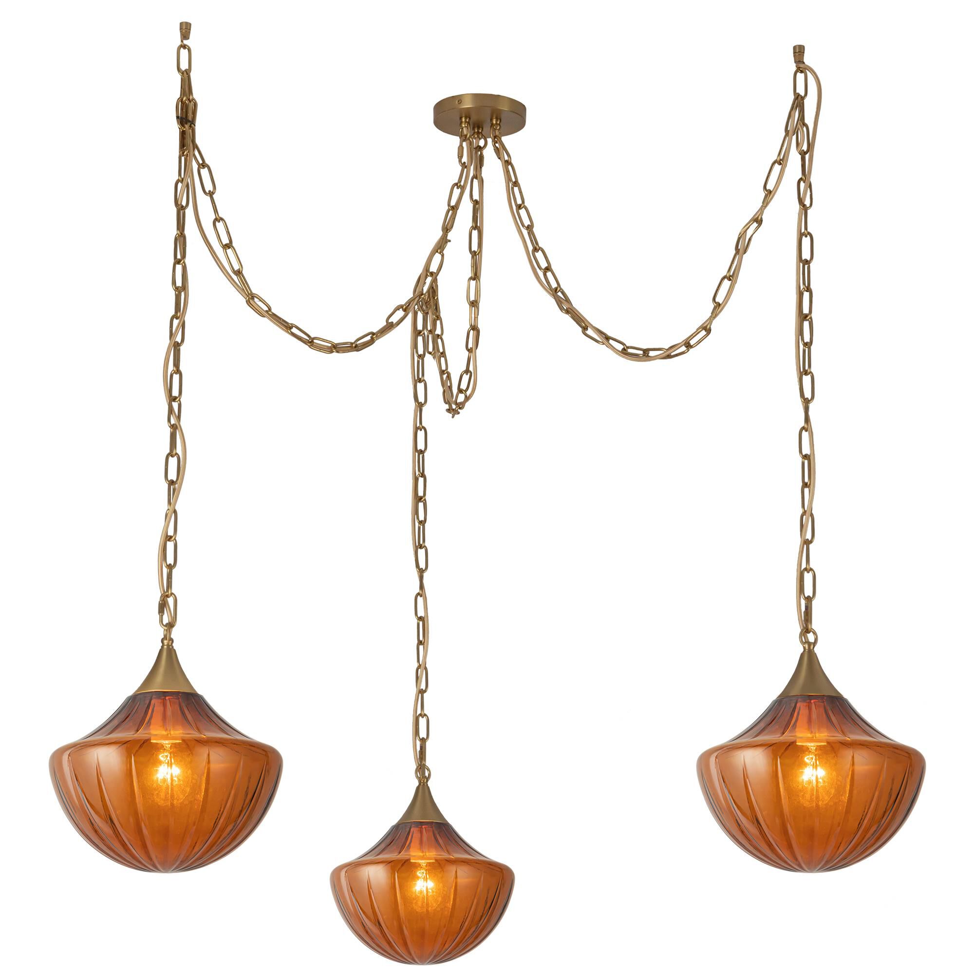 Shown in Brushed Gold finish and Amber Ribbed glass