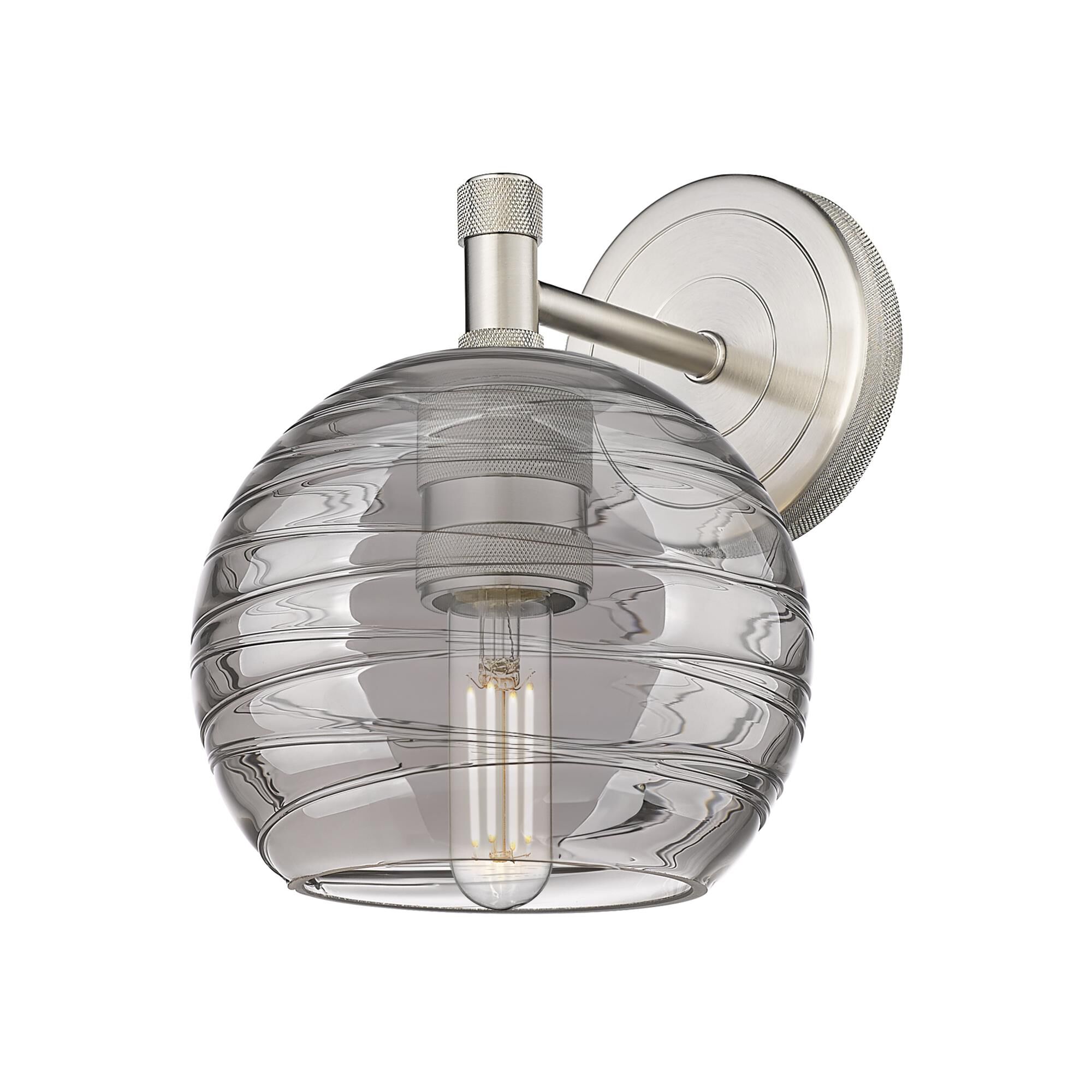 Shown in Satin Nickel finish and Light Smoke Deco Swirl shade