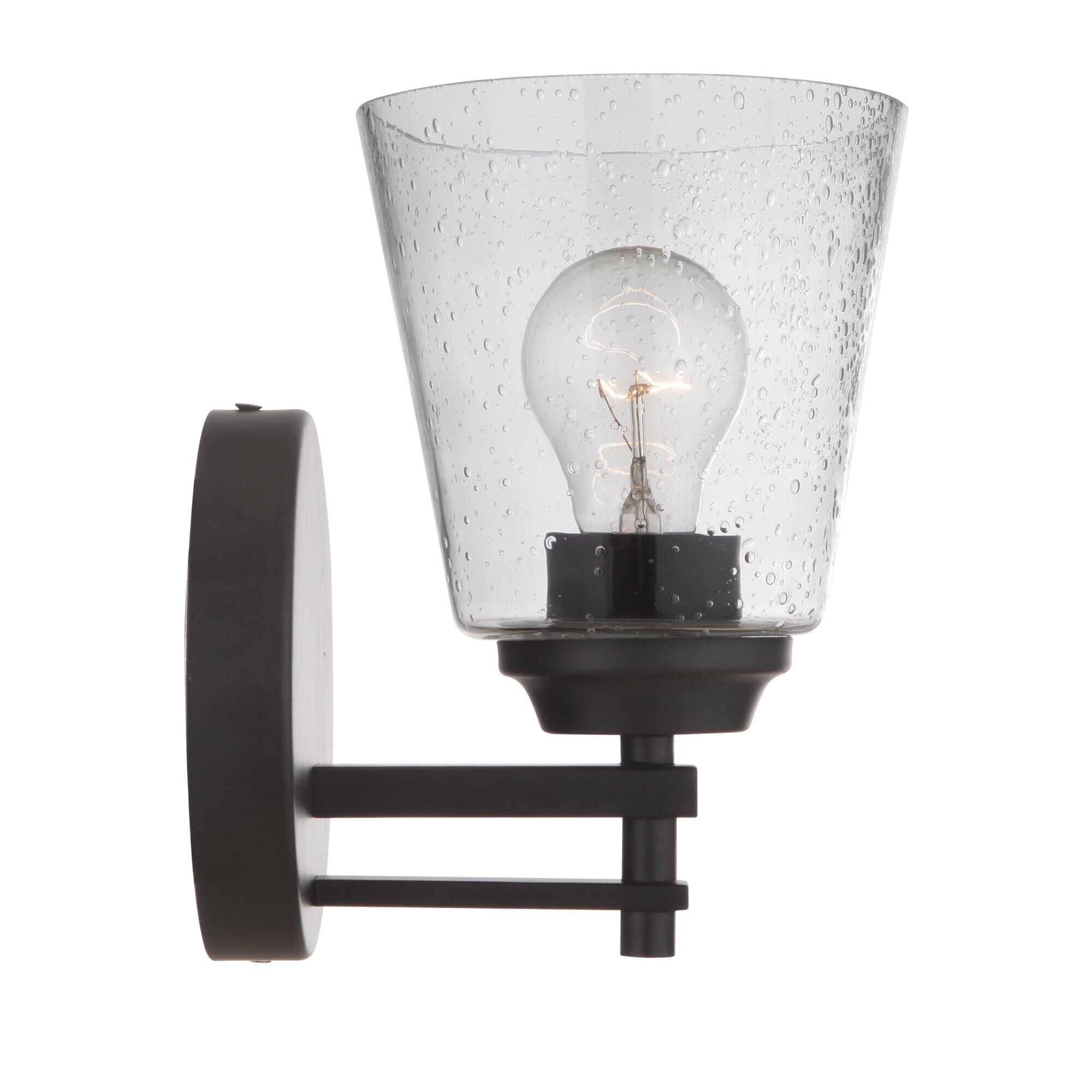 Shown in Flat Black finish and Clear Seeded glass and Glass shade