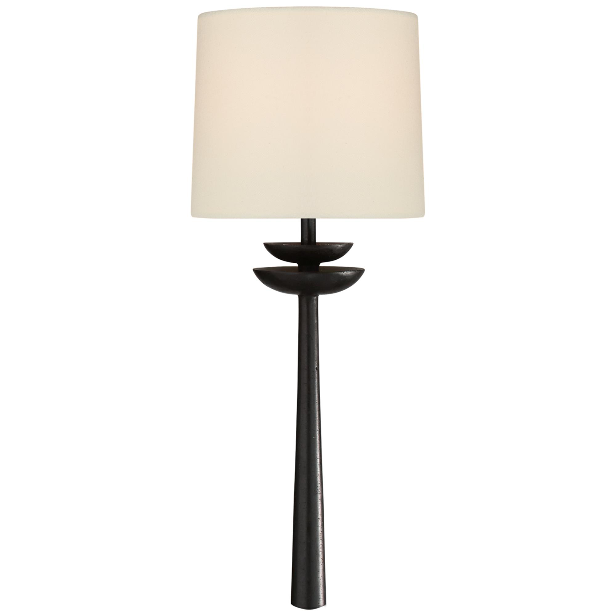 Shown in Aged Iron finish and Linen Shield shade