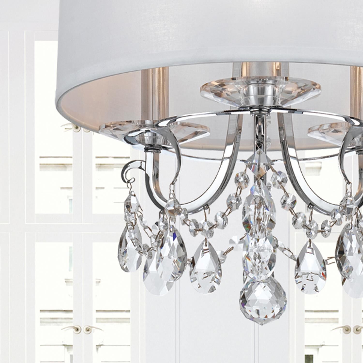 Shown in Polished Chrome finish and Clear Swarovski Strass crystal and White Silk glass and Silk shade