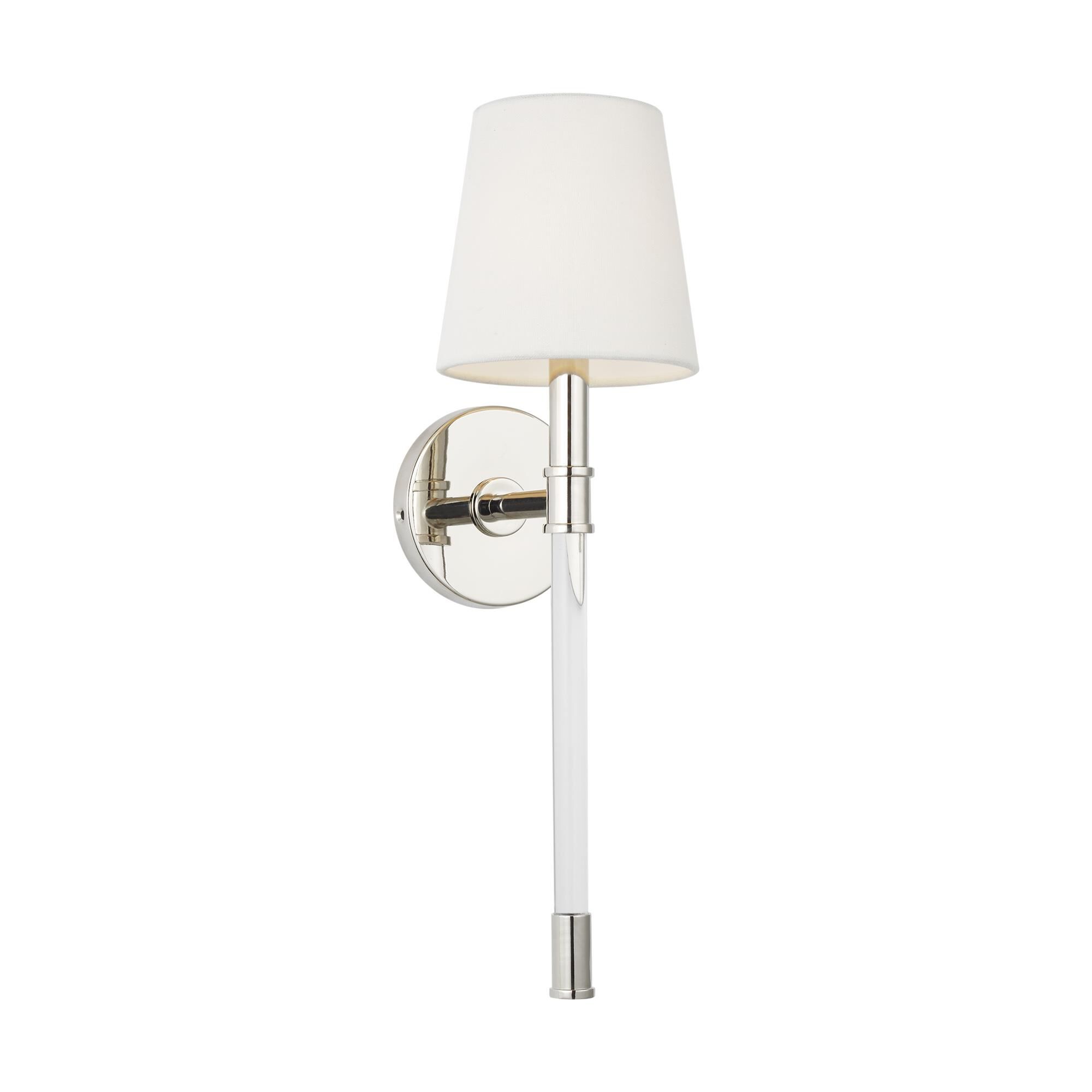 Shown in Polished Nickel finish and White Linen Fabric shade