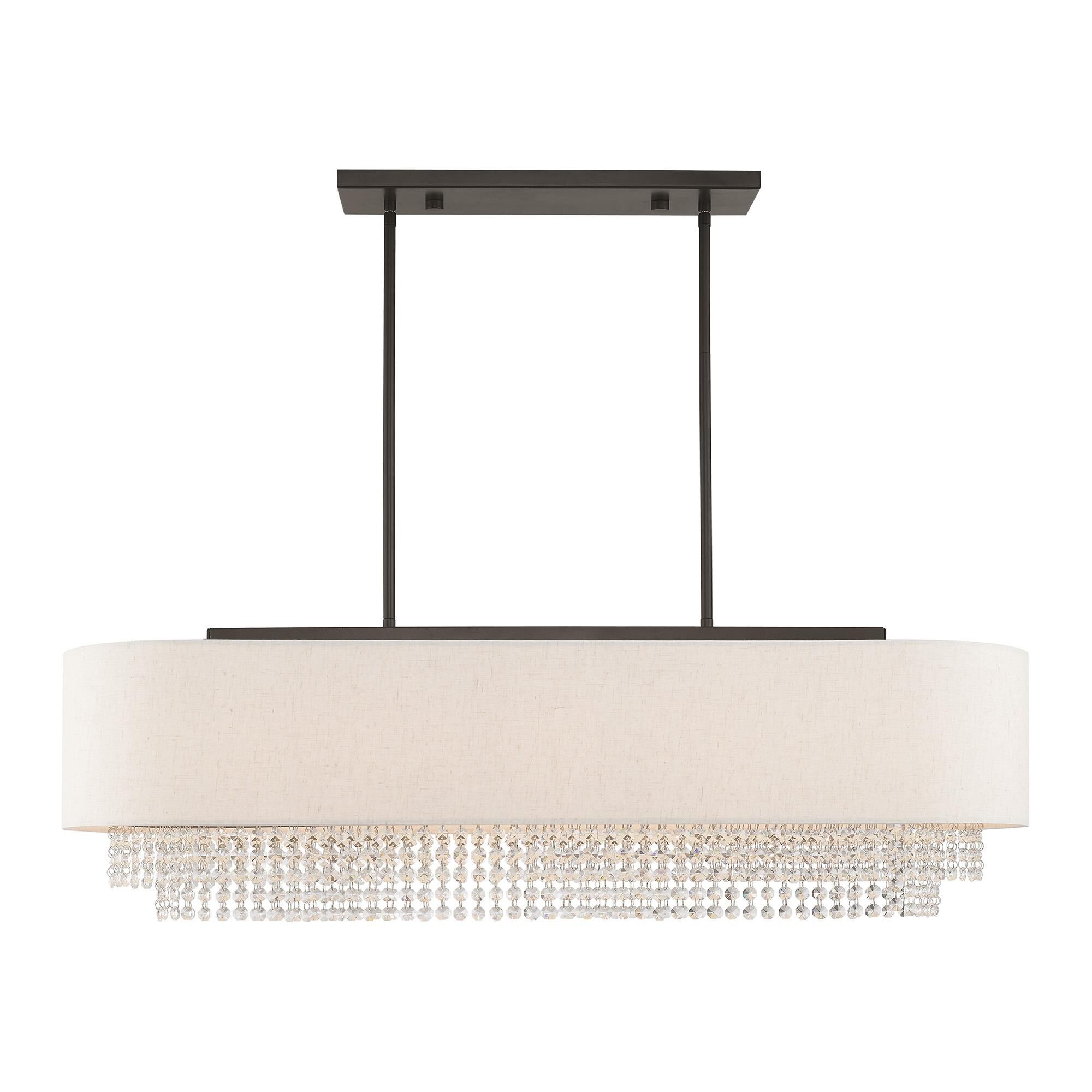 Shown in English Bronze finish and Clear Crystals with Hand Crafted Oatmeal Fabric Hardback shade