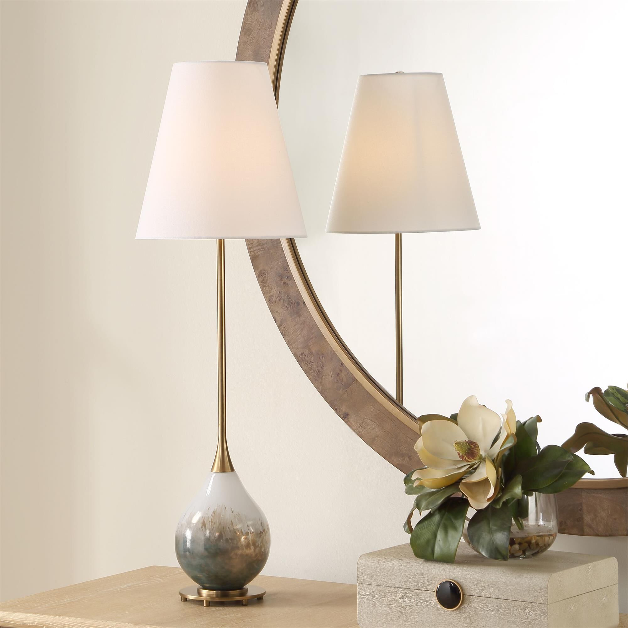 Shown in Brass, Gray, White finish and Round Hardback shade