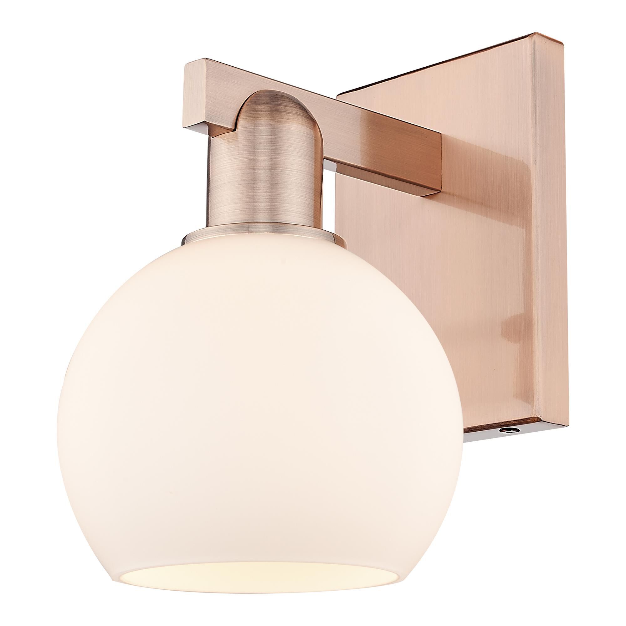 Shown in Antique Copper finish and Matte White glass