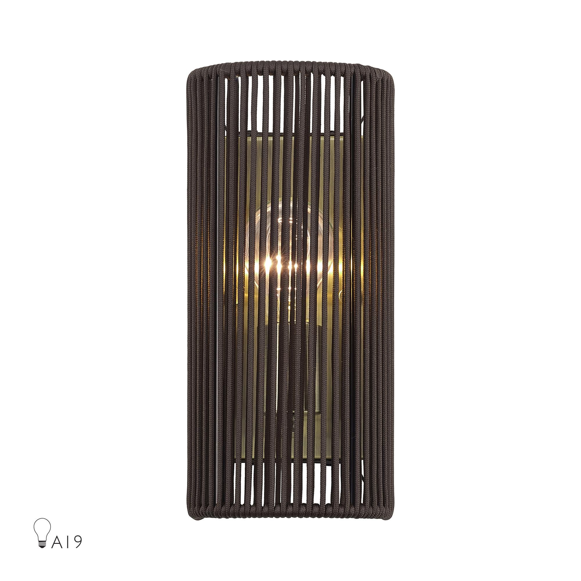 Shown in Antique Brass finish and Hand-Woven Dark Chocolate Color Polyester Rope shade