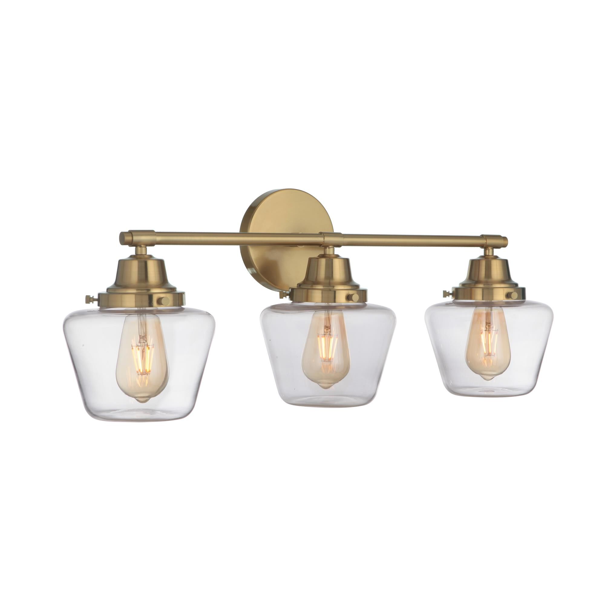 Shown in Satin Brass finish and Clear glass and Glass shade