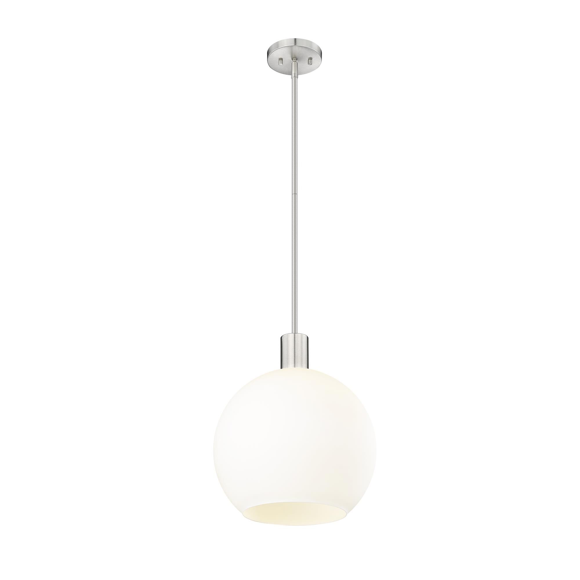 Shown in Brushed Nickel finish and White glass