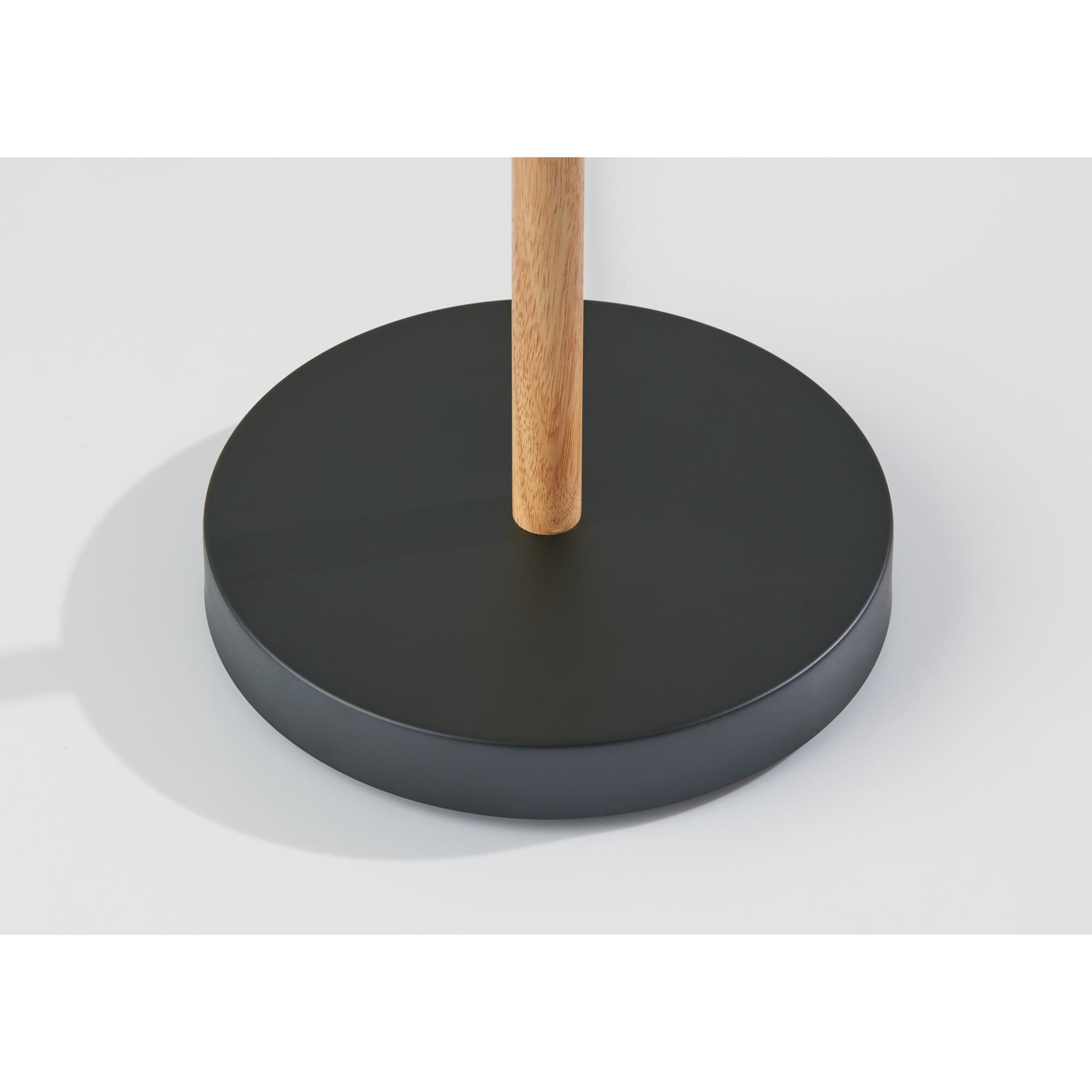 Shown in Black & Natural Wood finish and White Textured Fabric shade