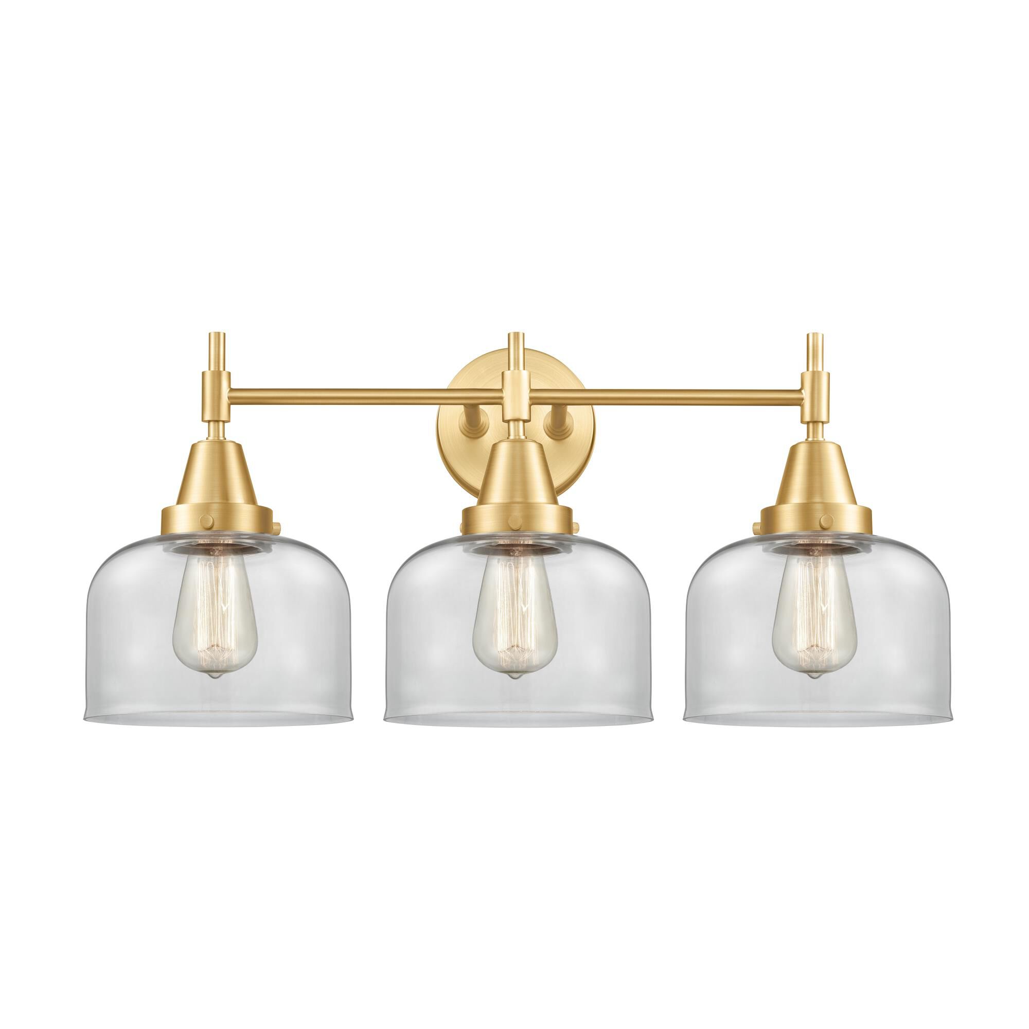 Shown in Satin Gold finish and Clear Large Bell glass