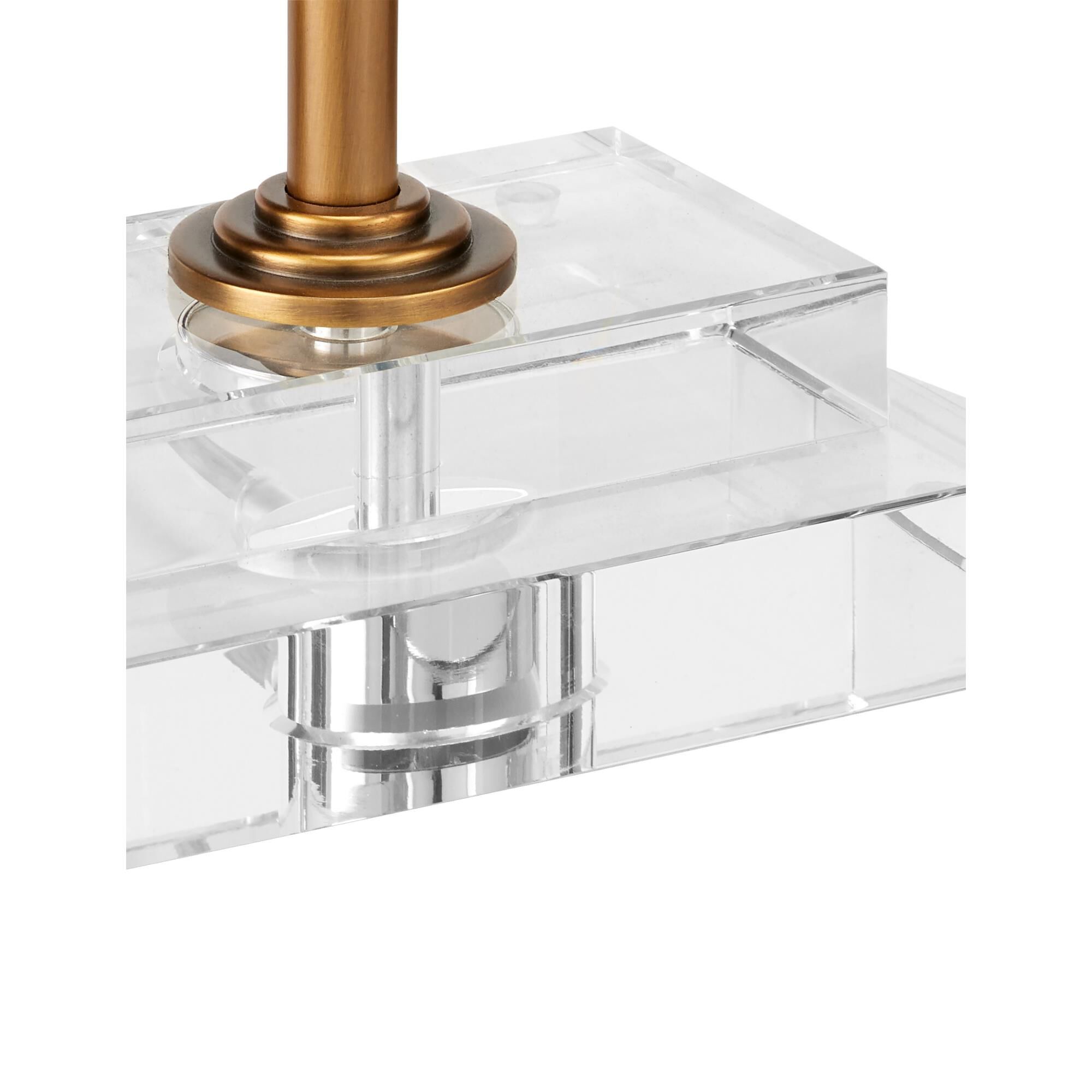 Shown in Antique Brass, Clear finish and Bone Linen shade