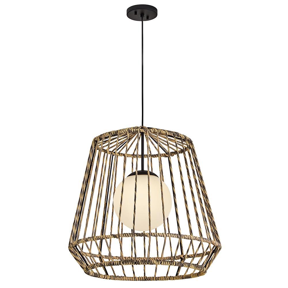 Shown in Black finish and Etched Opal glass and All Weather Rattan shade