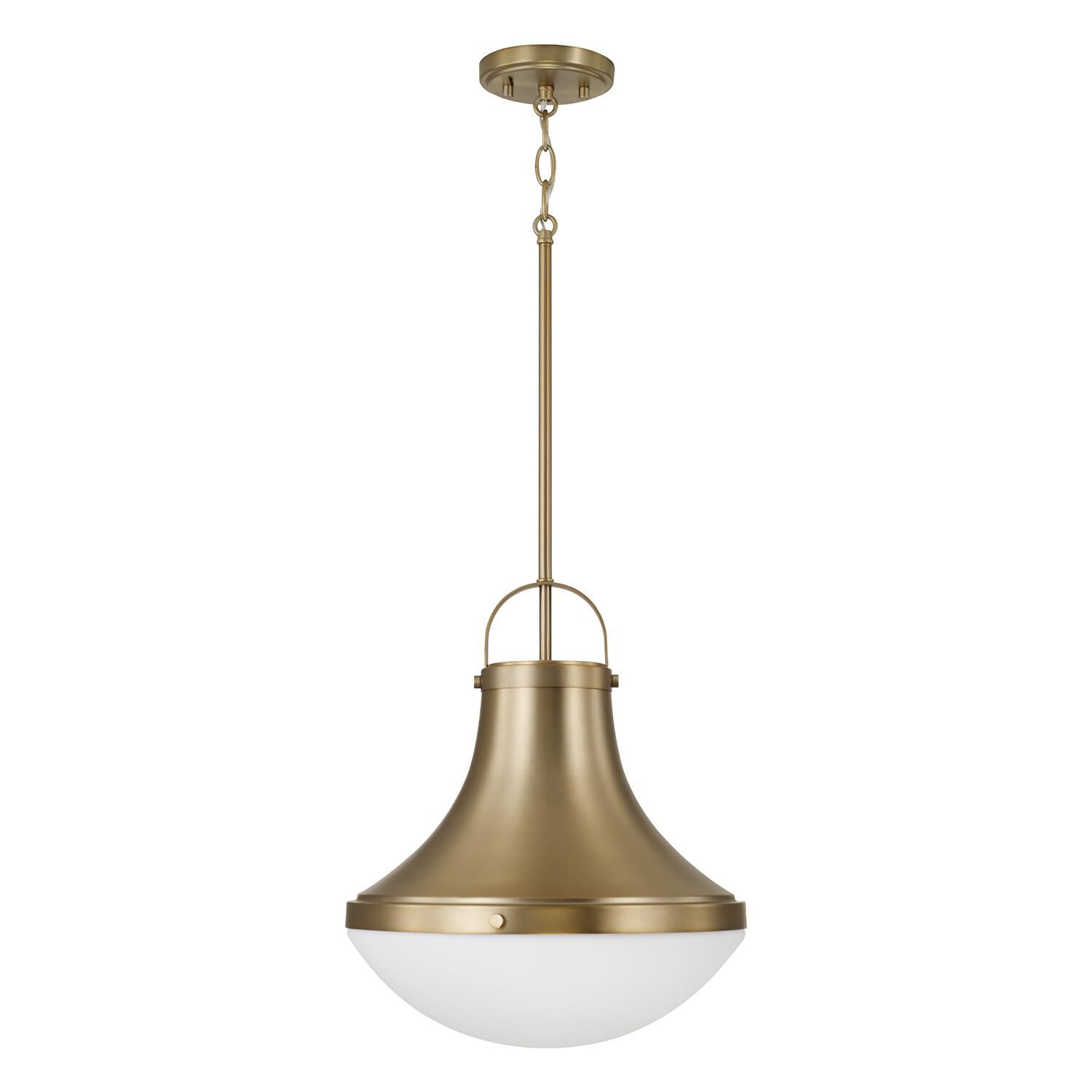 Shown in Aged Brass finish and Soft White glass